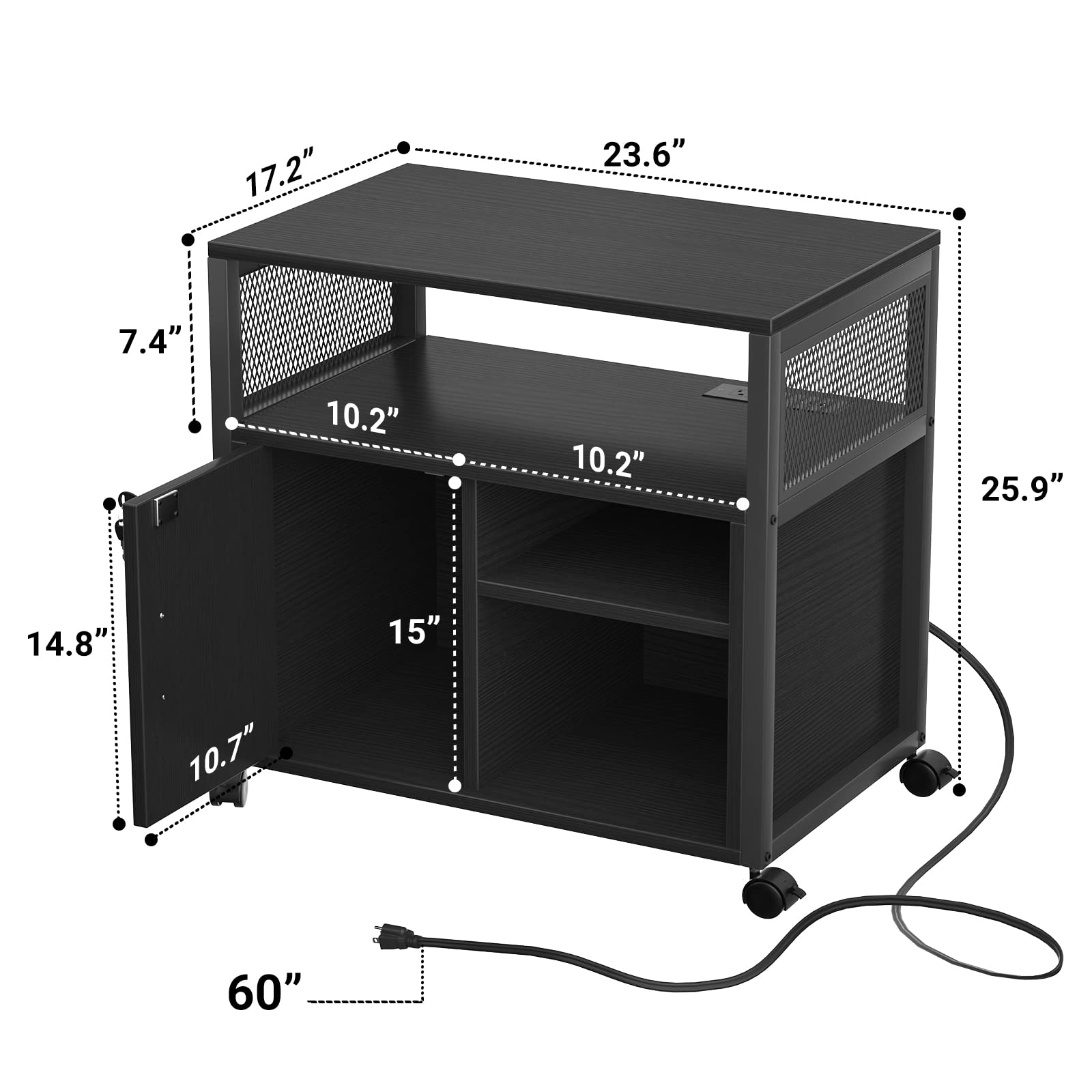 Unikito LED File Cabinet with Power Outlets & USB Ports - Mobile Printer Stand with Storage - Office Lateral Filing Cabinet for Letter/A4/Legal Size Documents - Black - Perfect for Home Office & Workspace Organization