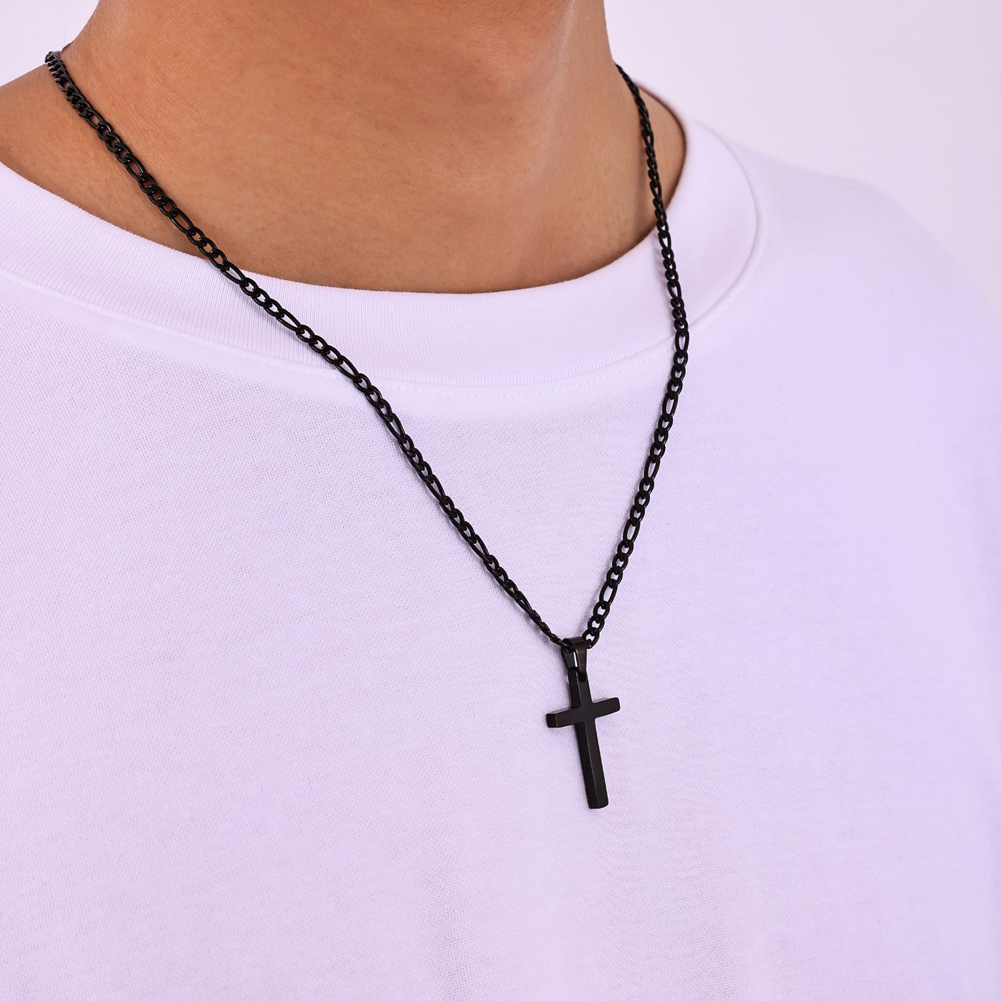 Fiusem Black Stainless Steel Cross Necklace for Men - 3.5mm Figaro Chain, Adjustable 16-24 Inch Pendant | Religious Jewelry Gift for Him, Everyday Wear & Special Occasions