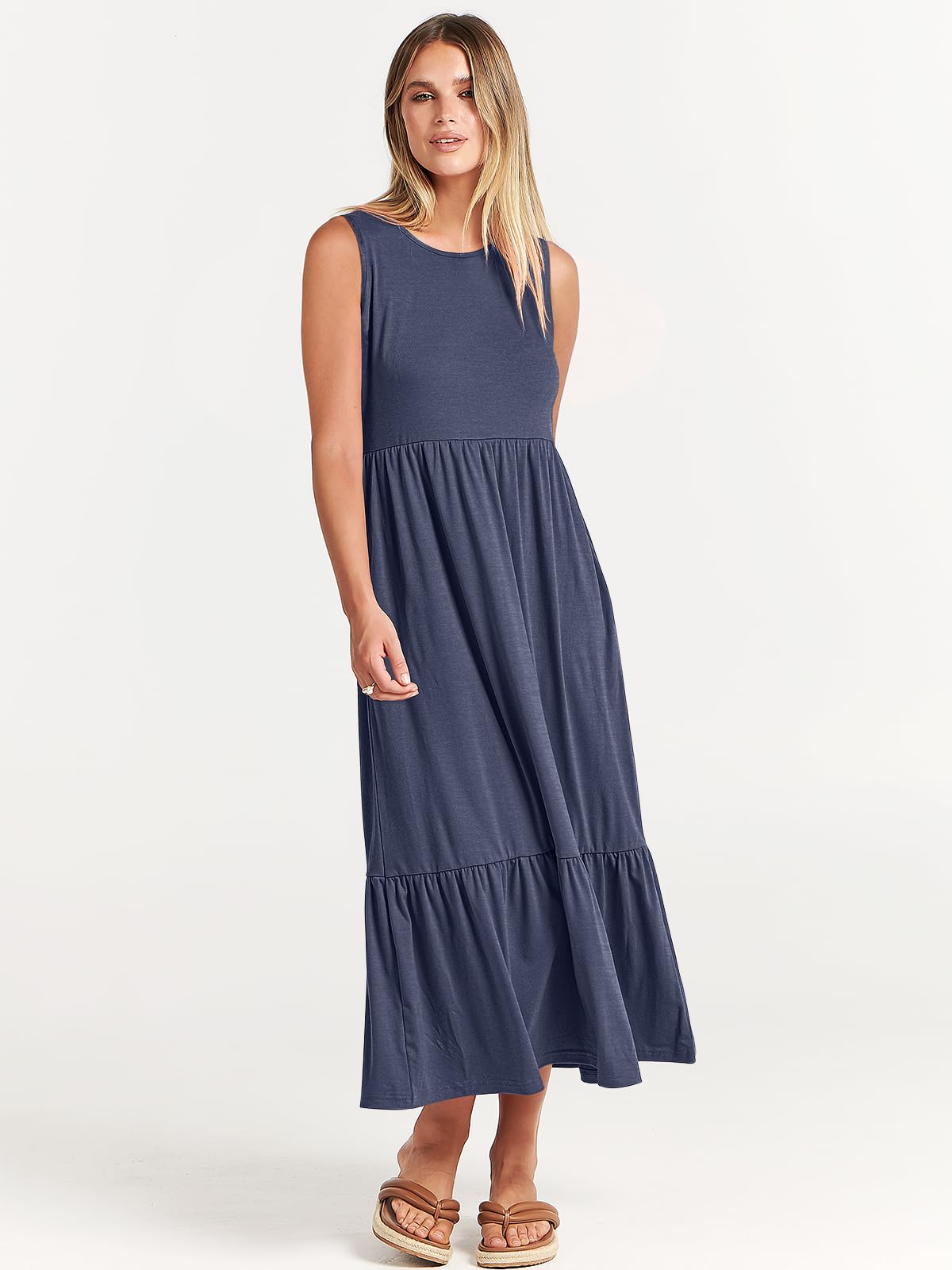 ANRABESS Women's Summer Sleeveless Crewneck Sundress - Flowy A-Line Tiered Maxi Beach Dress for Vacation, Casual Wear, and Outdoor Activities
