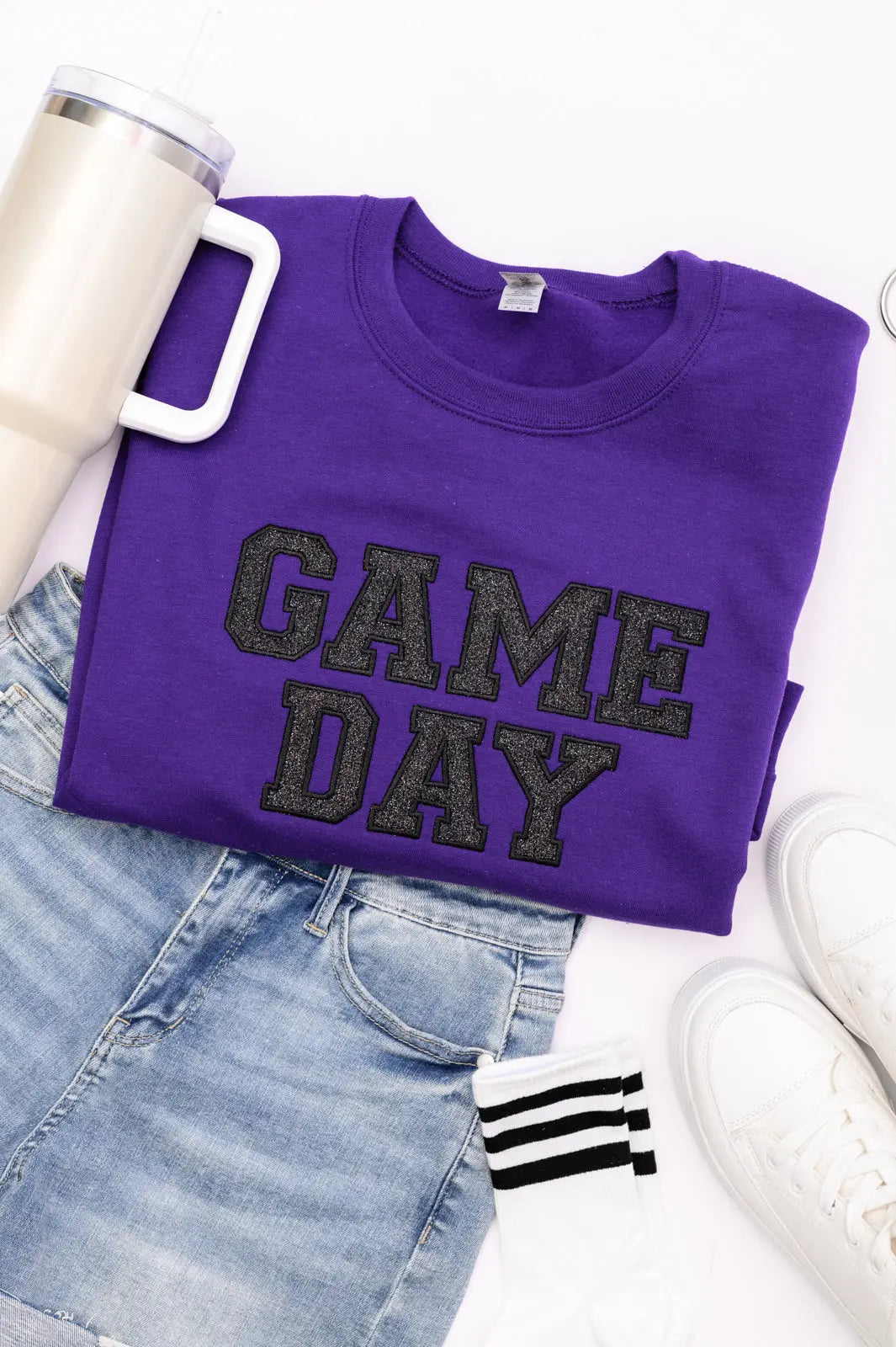 PREORDER: Embroidered Glitter Game Day Sweatshirt - Purple & Black | Women's Sports Fan Apparel for Football, Basketball & Tailgate Parties