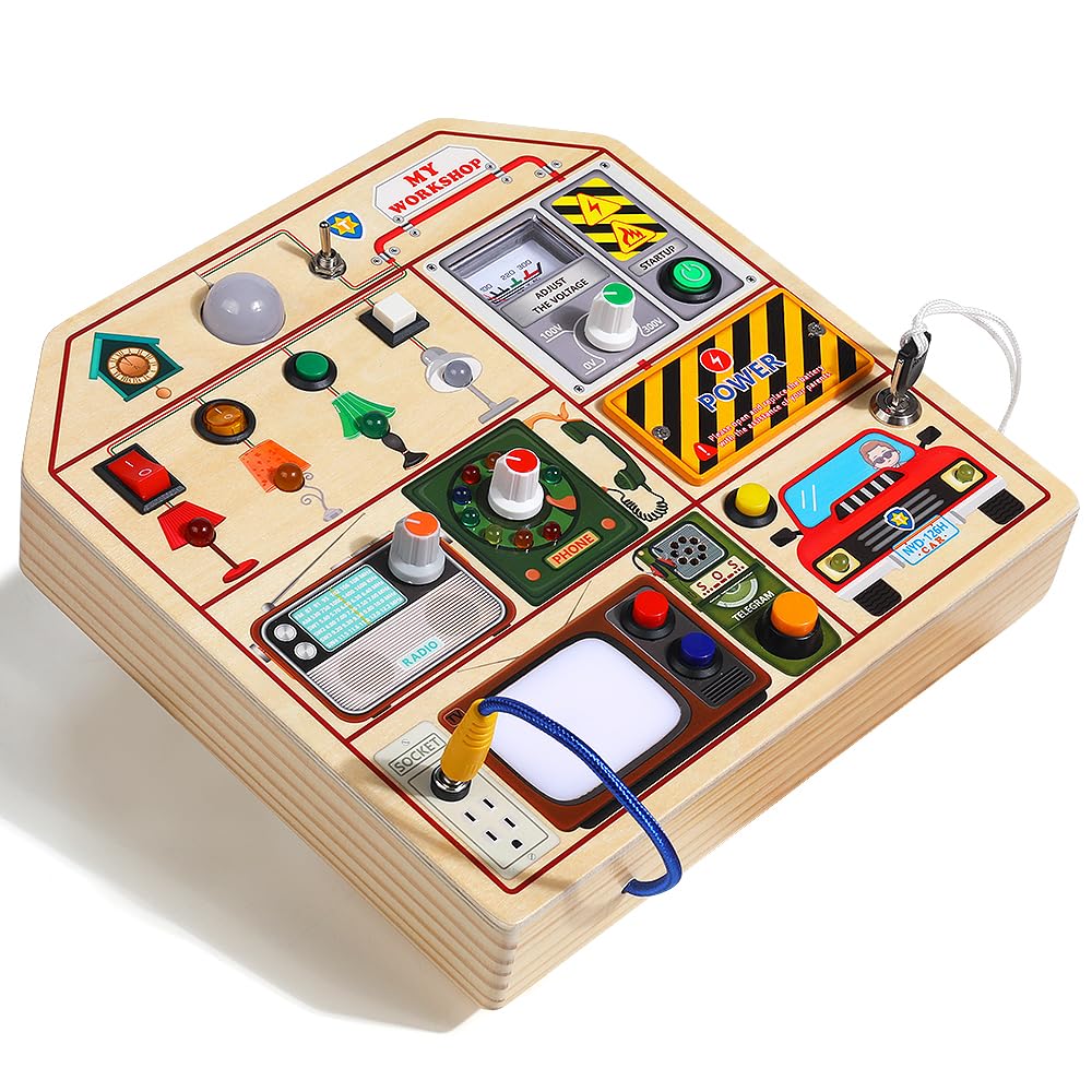 Montessori Wooden Busy Board for Toddlers 1-3 Years Old - Sensory Learning Toy with LED Lights, Switches, TV, Radio & Car Driving - Travel & Birthday Gift for Boys & Girls - Perfect for Airplane, Car Rides & Home Playtime