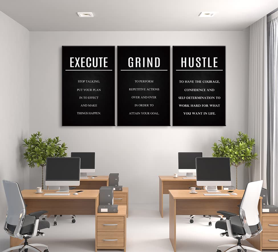 3-Piece Hustle Grind Execute Motivational Canvas Wall Art Set - Inspirational Quotes for Home, Office & Classroom Decor (20x28 Inches, Ready to Hang) - Perfect for Workspace Motivation & Productivity Boost