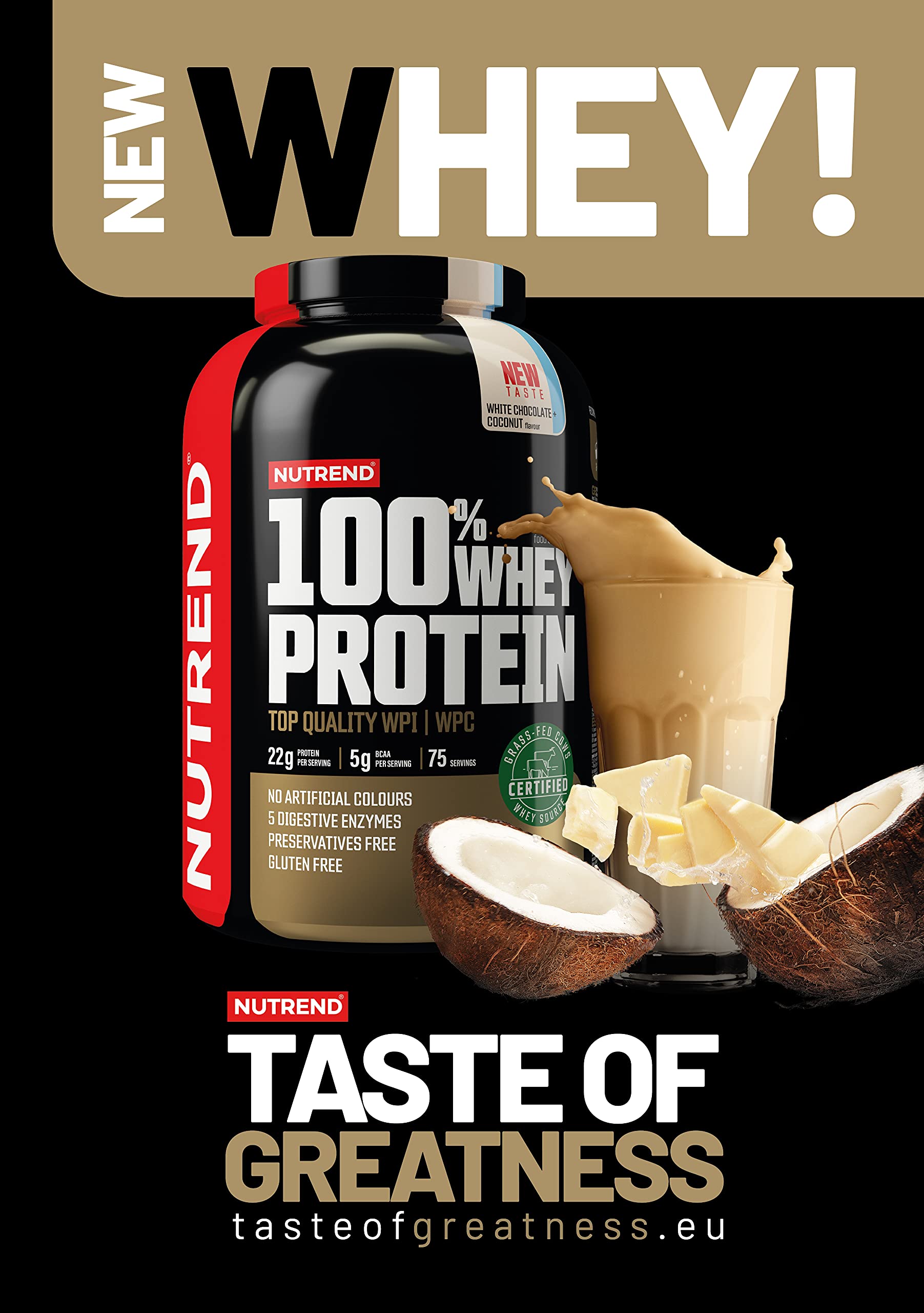 Nutrend 100% Whey Protein Powder for Muscle Building & Recovery - Glutamine & Amino Acids Supplement, 1000g White Chocolate Coconut Flavor - Ideal for Post-Workout, Weight Training & Fitness Enthusiasts