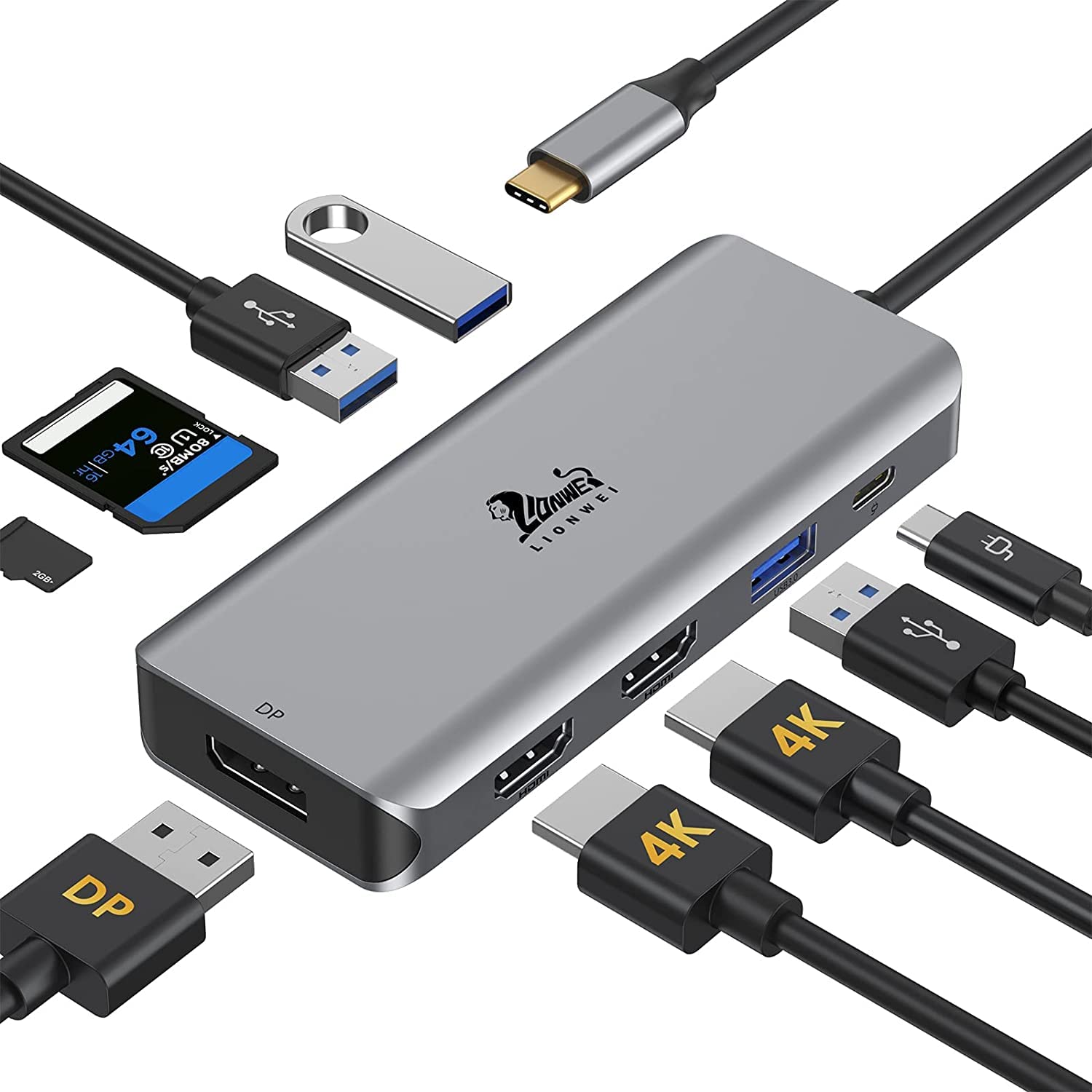LIONWEI 9-in-1 USB C Docking Station with Dual HDMI & DisplayPort - Triple Monitor Adapter for Dell, HP, Lenovo, Surface Pro - 87W PD Charging, 3 USB Ports, SD/TF Card Reader - Perfect for Home Office & Multi-Screen Workstations