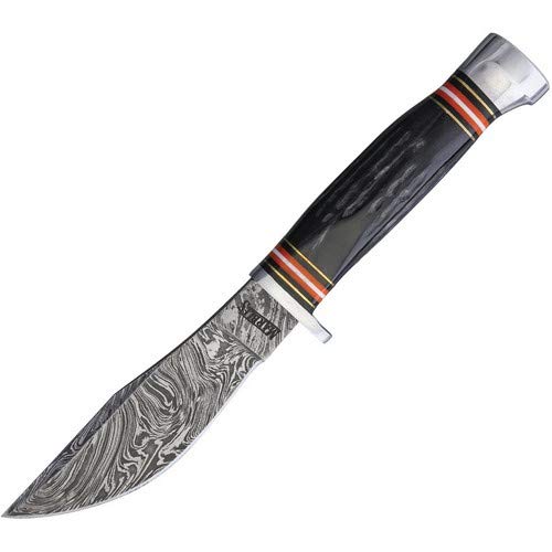 Premium Damascus Steel Fixed Blade Knife with Horn Handle - Outdoor Hunting, Camping & Survival Tool - Marbles Outdoors 460 Series