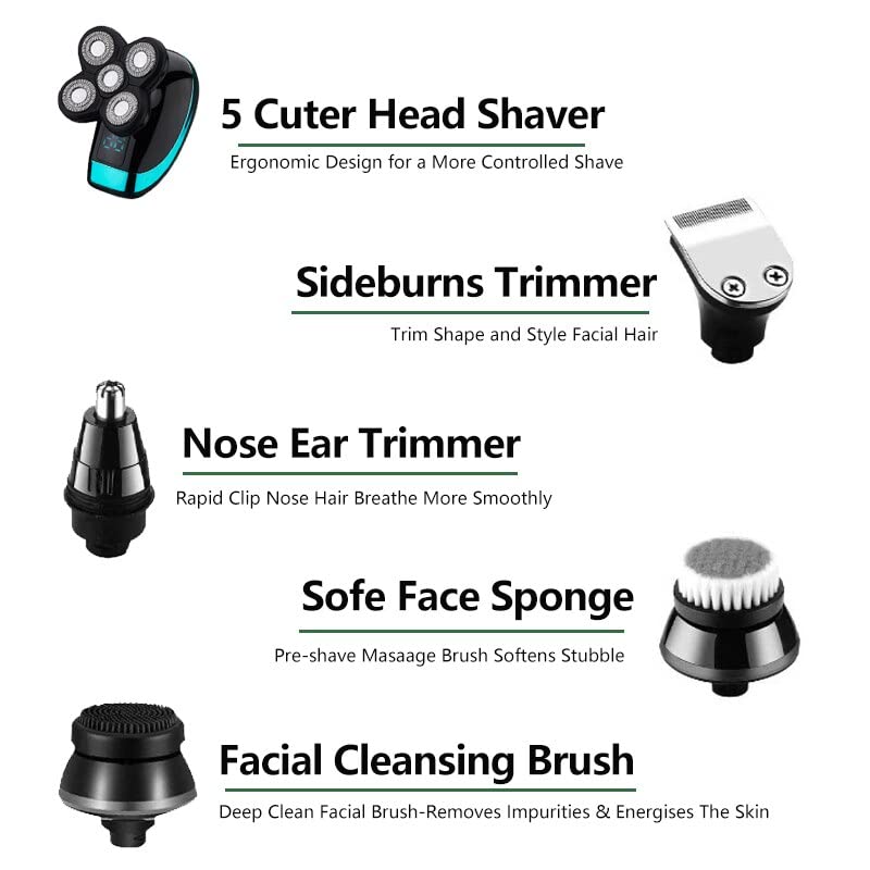 5-in-1 Electric Razor for Men - Bald Head Shaver with LED Display, Nose Hair & Beard Trimmer, Facial Cleansing Brush, USB Rechargeable - Perfect for Travel, Gym & Daily Grooming Routine
