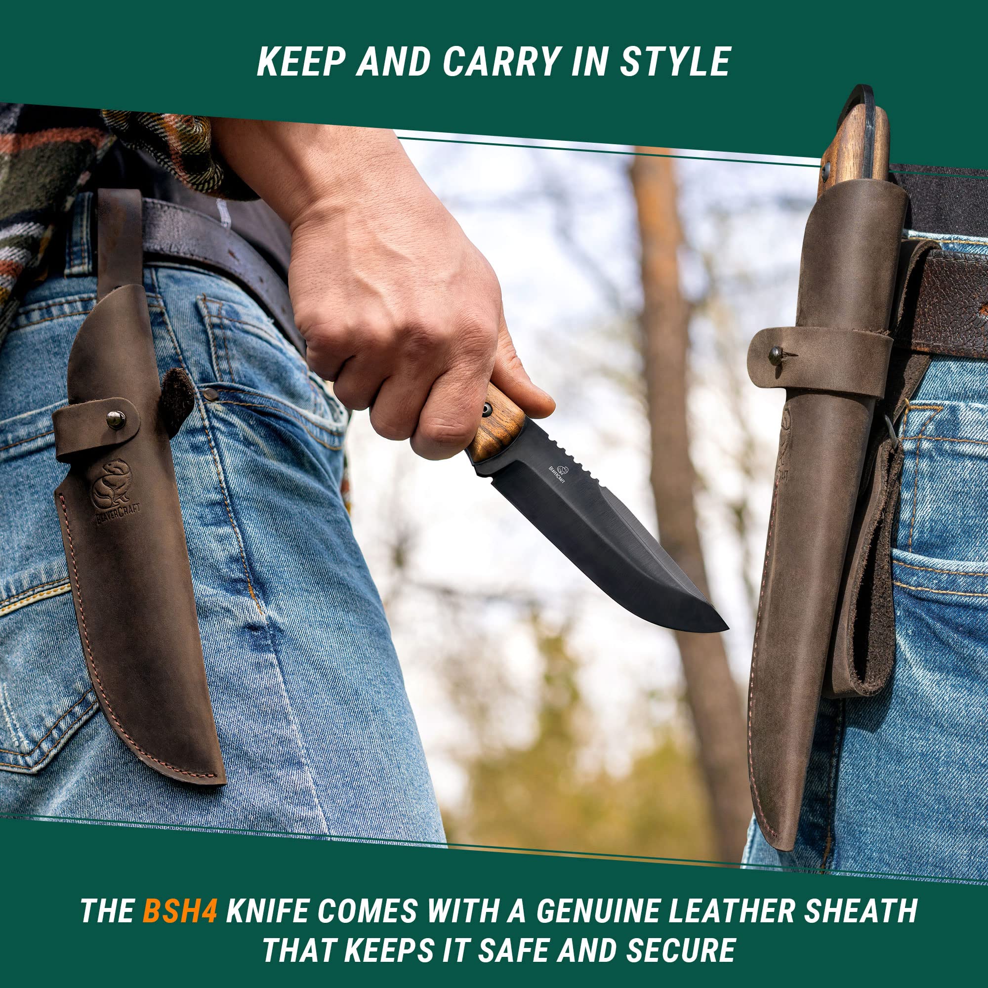 BeaverCraft Bushcraft Knife - Full Tang Fixed Blade Camping & Survival Knife with Sheath - High Carbon Steel for Outdoor Adventures, Hiking, Hunting & Bushcraft Gear - BSH4 Dusk Model