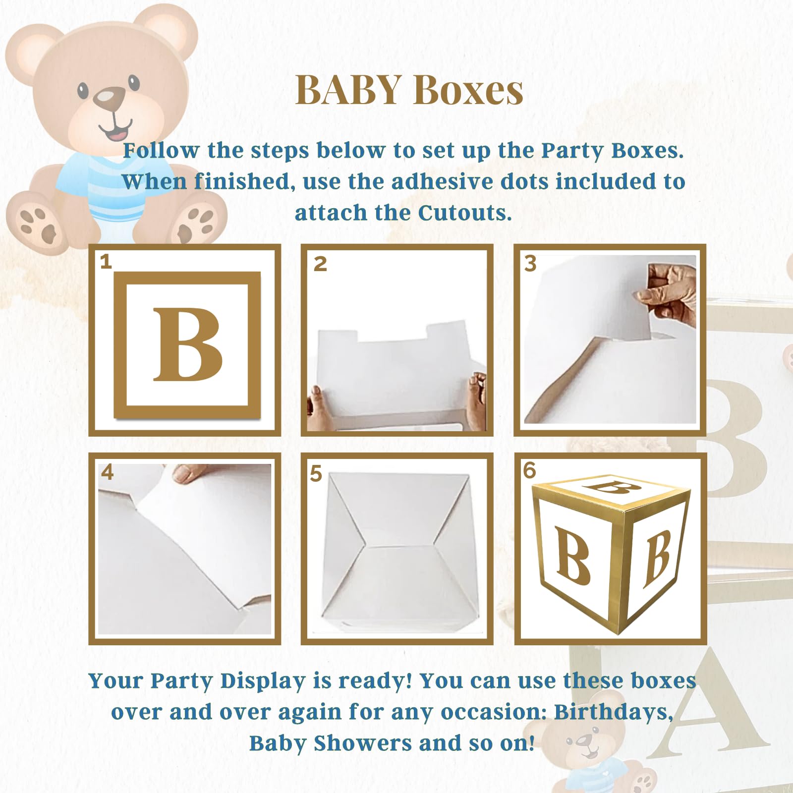 134-Piece Teddy Bear Baby Shower Decor Set for Boys - Gold Glitter Balloon Arch Garland, Baby Boxes, Banner & Bear Cutouts | Gender Reveal, Nursery Party, First Birthday Decorations