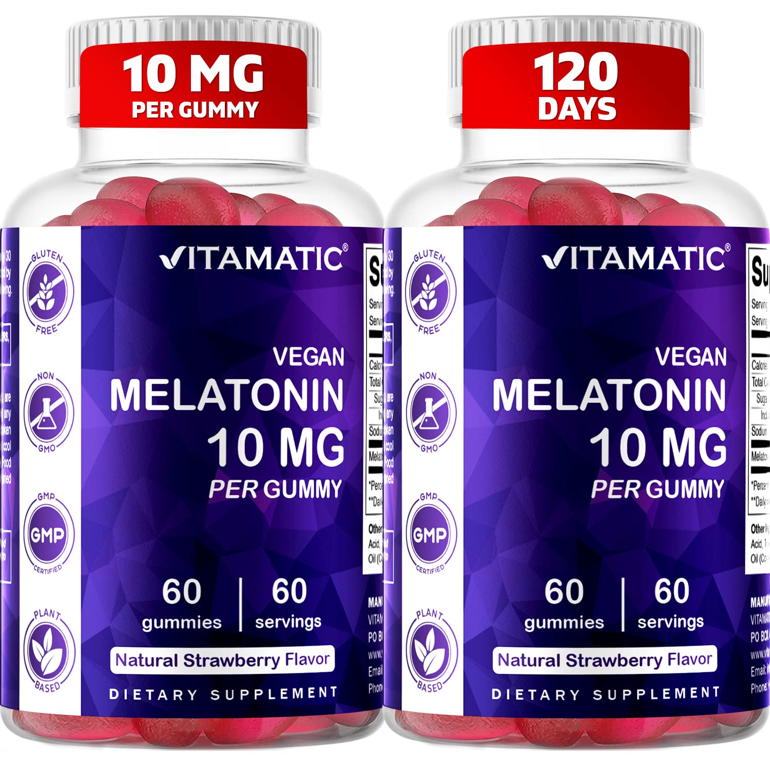 Vitamatic Melatonin 10mg Vegan Gummies - Non-Habit Forming Sleep Aid, 60 Gummies per Bottle (2 Pack, 120 Total) - Perfect for Jet Lag & Nighttime Relaxation