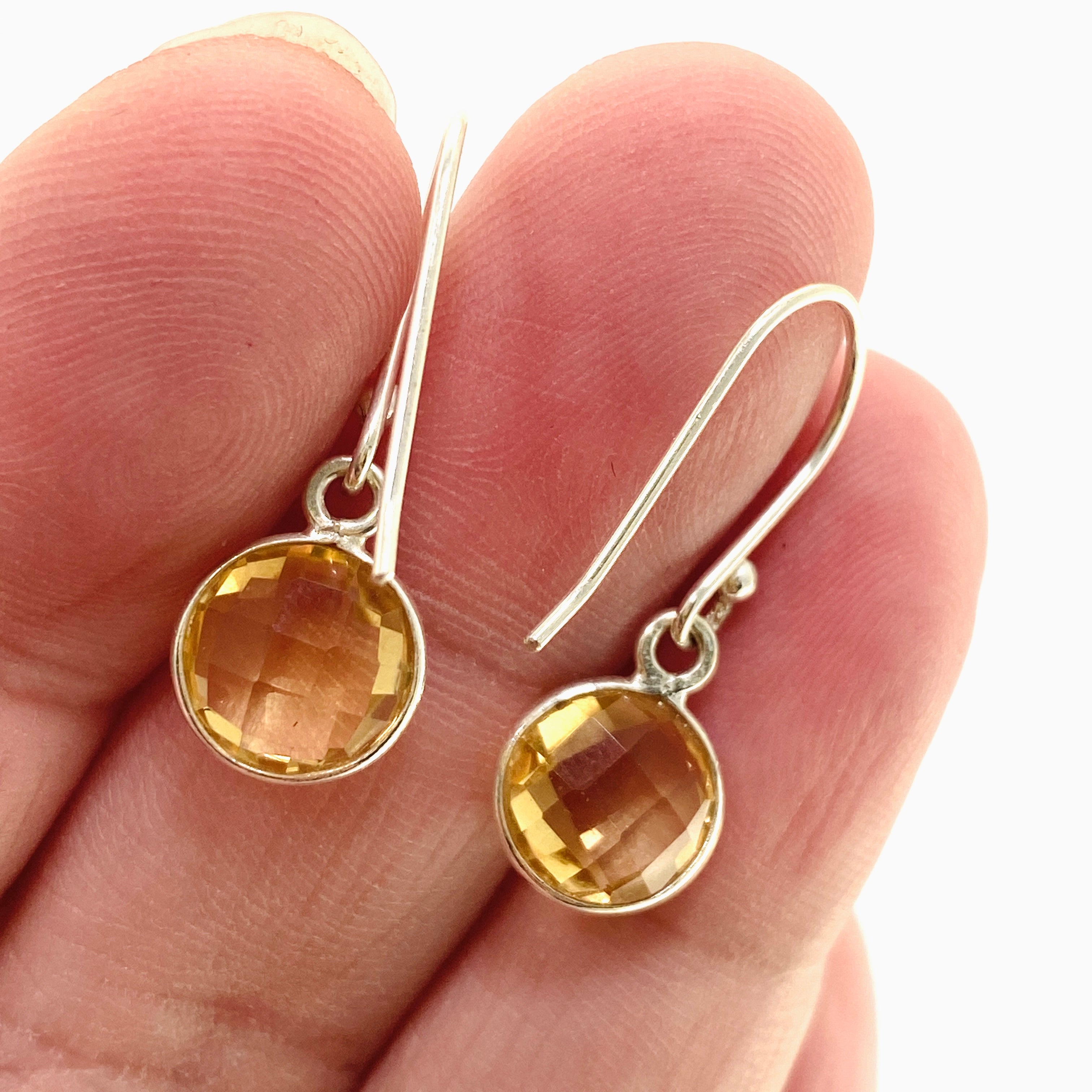 Natural Citrine Round Checkerboard Faceted Stud Earrings for Women - Elegant Gold Plated Dangle Jewelry for Party, Wedding & Everyday Wear