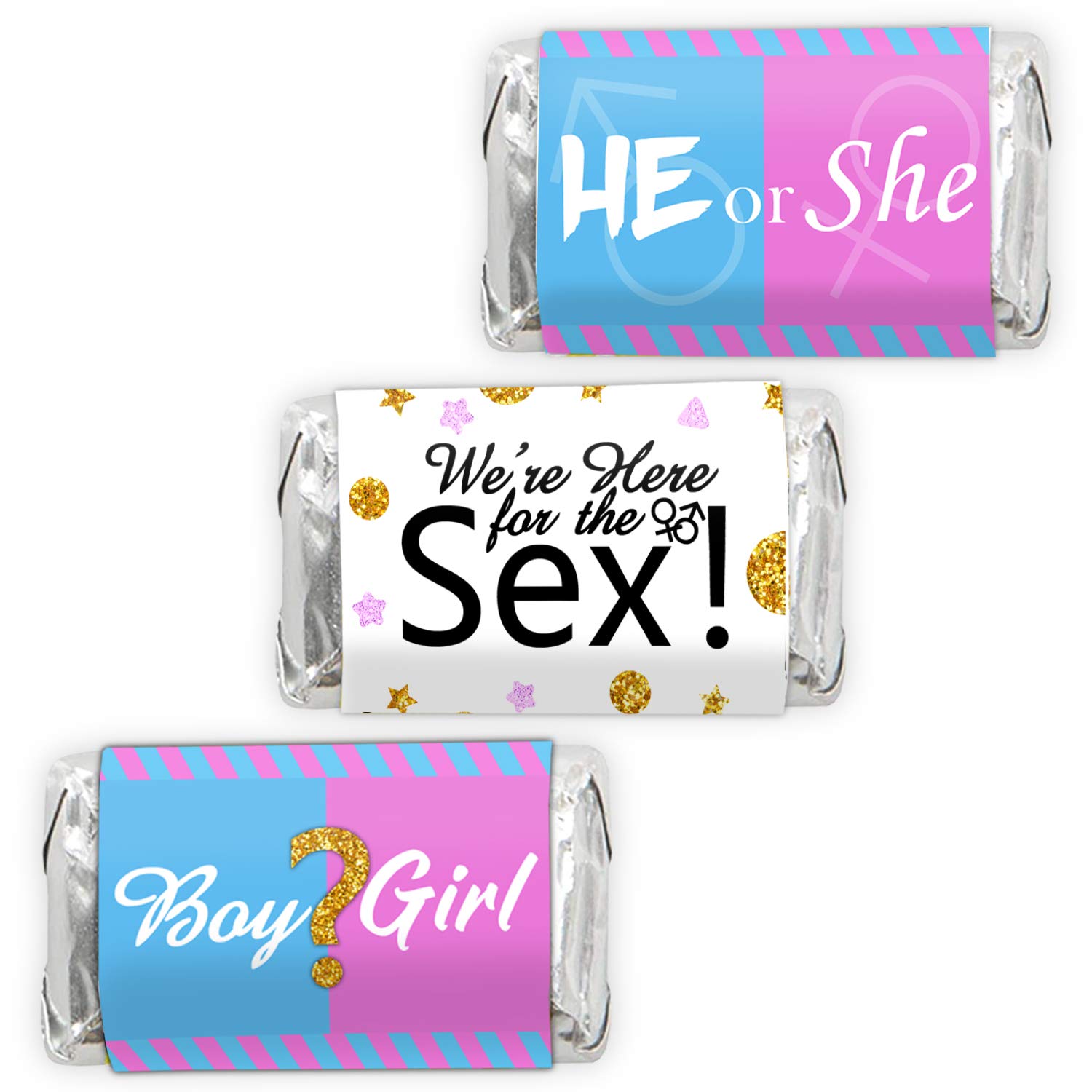 Gender Reveal Party Mini Candy Bar Wrappers - Baby Shower Favors (45pcs) - Blue & Pink Stickers for He or She Celebration - Perfect for Gender Announcement, Baby Showers & Birthday Parties