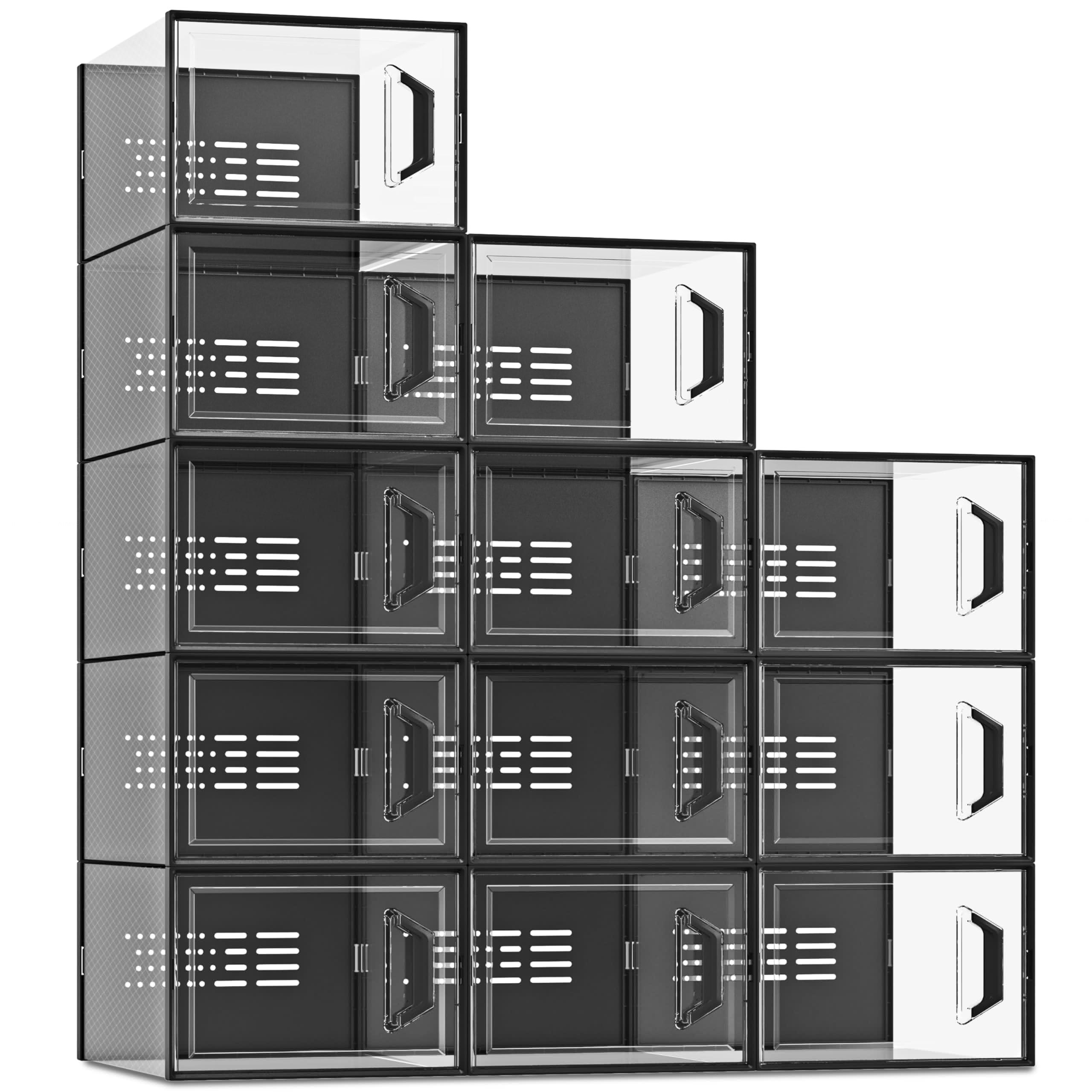 SEE SPRING XX-Large Clear Plastic Shoe Storage Box - Fits Size 13 Sneakers, Stackable Shoe Organizer for Closet & Entryway - Space Saving Shoe Rack Containers for Under Bed Storage (12 Pack, Black) - Perfect for Organizing Shoes in Small Apartments & Dorm Rooms