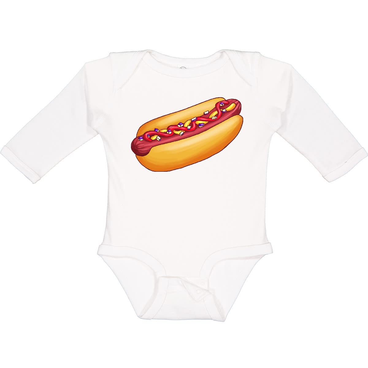 Inktastic Hot Dog Graphic T-Shirt with Mustard & Onions - Long Sleeve Creeper for Babies & Toddlers - Perfect for Playdates, Family Outings & Photo Shoots
