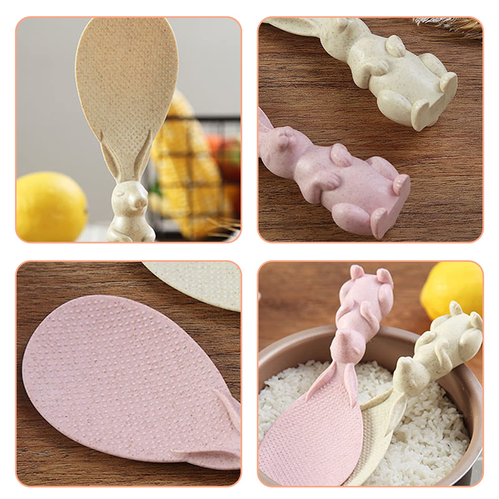 Non-Stick Rice Scoop Set - 4pcs Rabbit Design Rice Paddle Spoon with Stand, Wheat Straw Material for Rice Cooker - Perfect for Serving Rice, Sushi & Grain Dishes in Home Kitchen & Restaurants