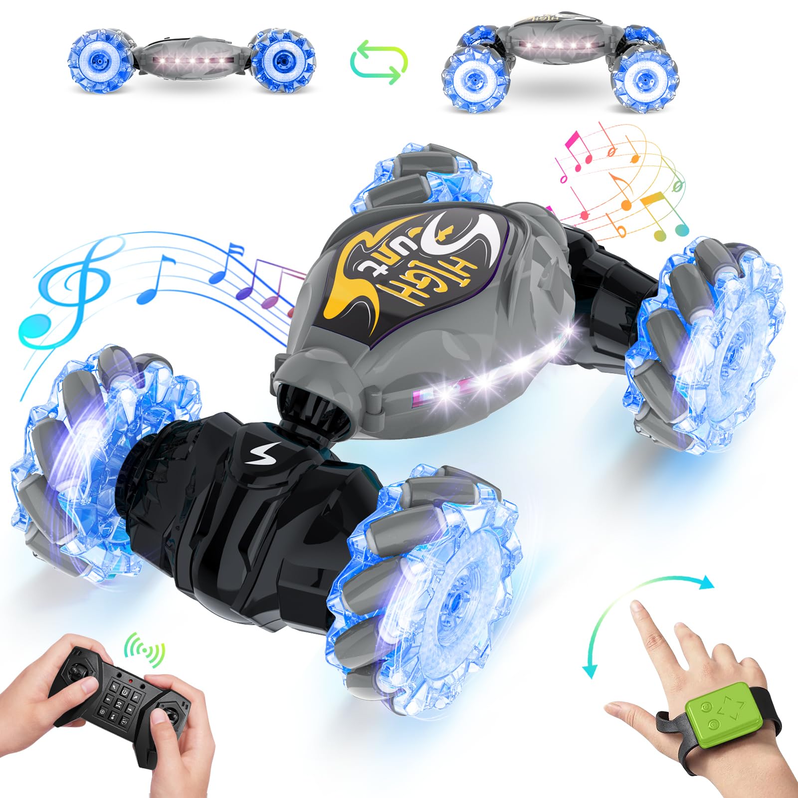 2.4GHz LED Gesture Sensing Remote Control Stunt Car - 4WD Double Sided Rotation RC Car with Lights & Music - All Terrain Drift Car for Boys & Girls - Perfect Birthday Gift & Outdoor Play Toy (Gray)