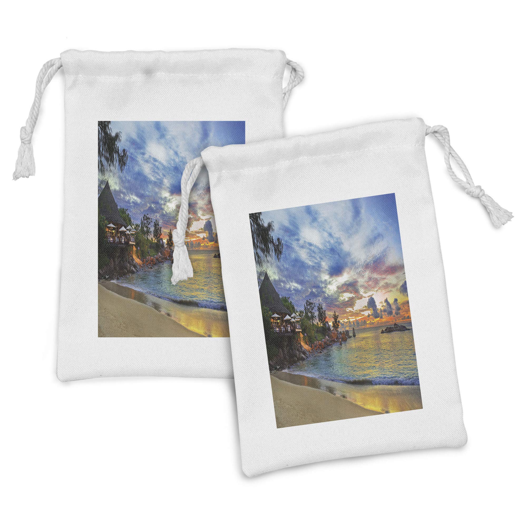 Lunarable Tropical Fabric Pouch Set of 2 - Vibrant Beach Sunset Design Drawstring Bags (9