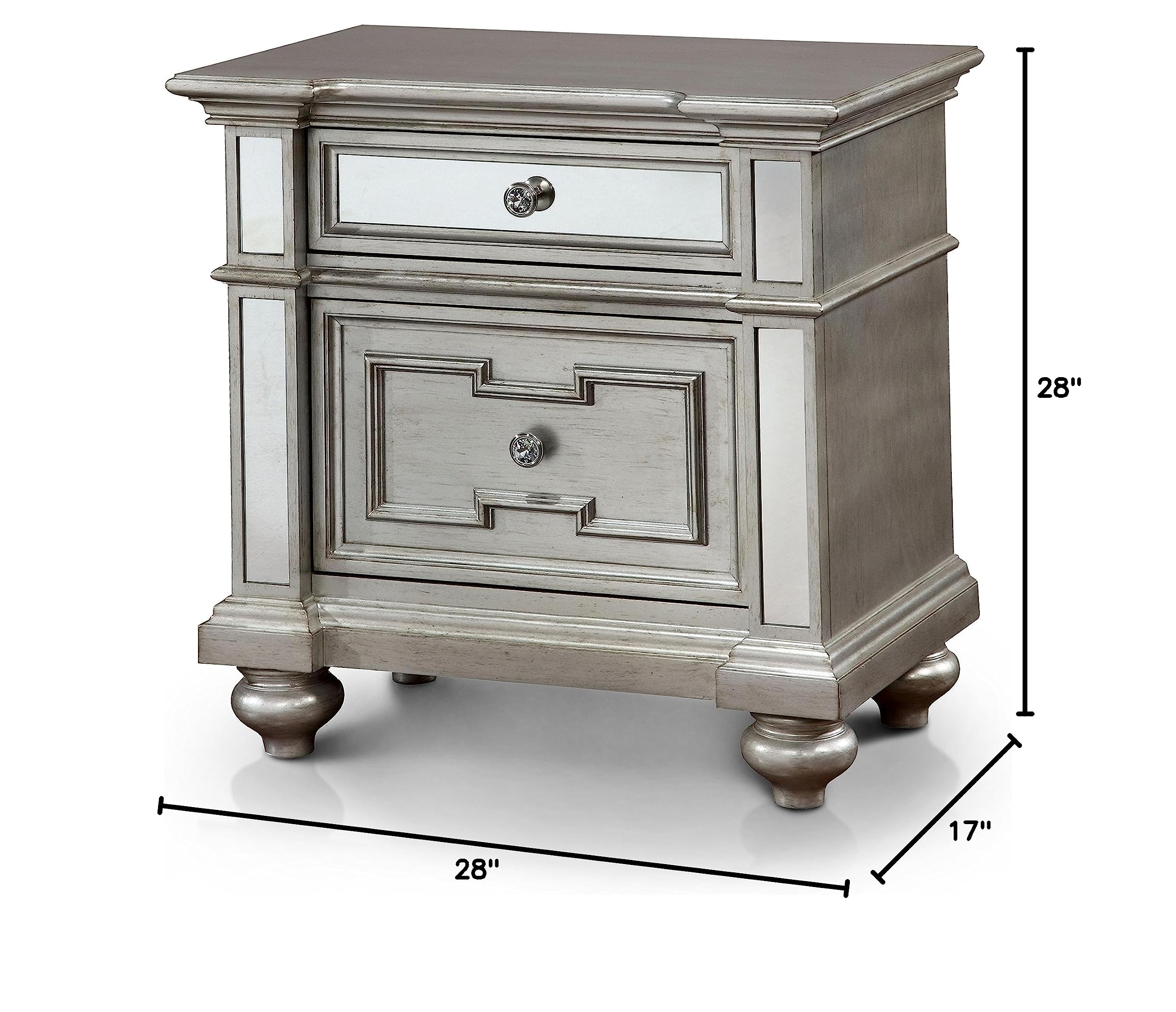 247SHOPATHOME Shawnette 2-Drawer Nightstand, Silver Finish Bedside Table - Perfect for Bedroom, Living Room, or Office Storage
