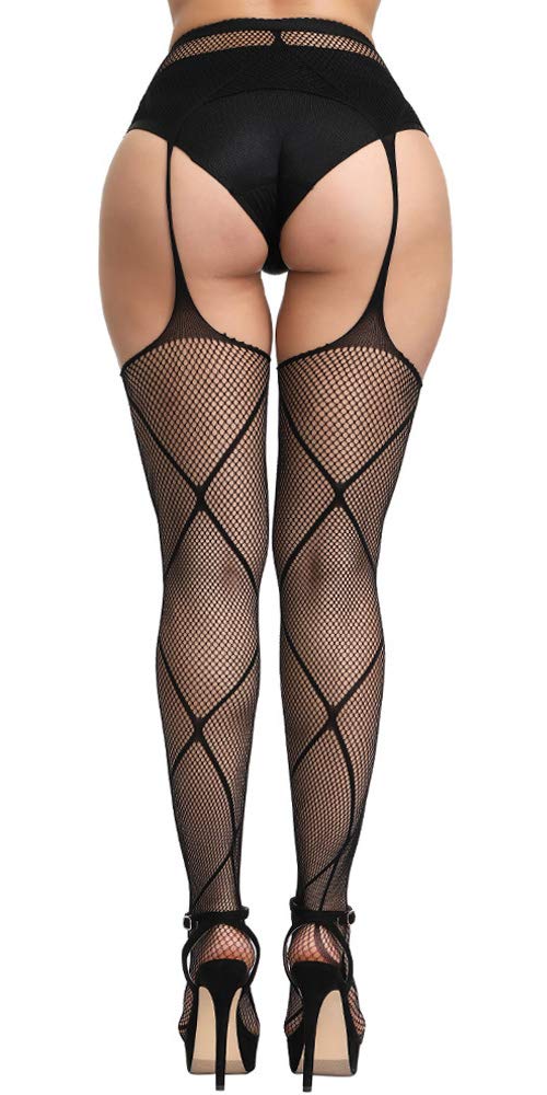 Confonze Women's Sexy High Waist Fishnet Tights with Suspenders - Black Thigh High Stockings Pantyhose for Party, Cosplay & Night Out