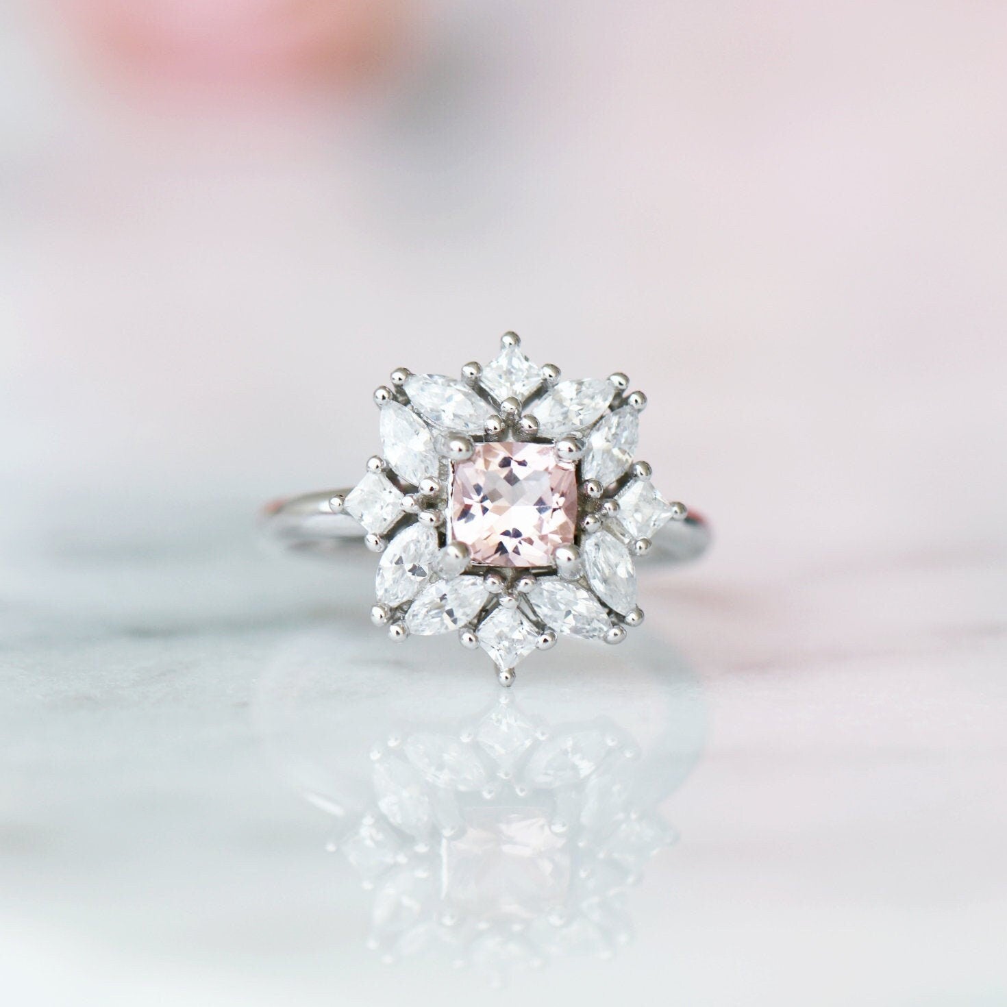 Magnolia Morganite Ring Sterling Silver - Elegant Rose Gold Plated Jewelry for Women, Perfect for Weddings, Anniversaries & Special Occasions