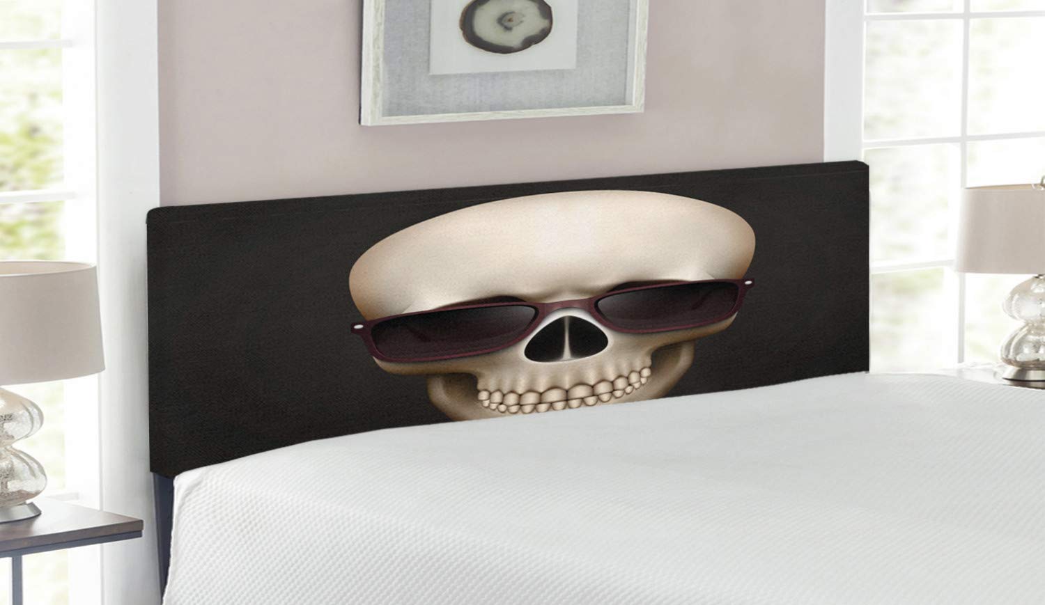 Ambesonne Skull Headboard - Gothic Decor Metal Bed Frame with Memory Foam, Queen Size Grey Beige Skeleton Design | Funny Skull with Sunglasses & Smiling Teeth Print | Perfect for Halloween Decor, Horror Theme Bedroom & Rock Music Lover's Home