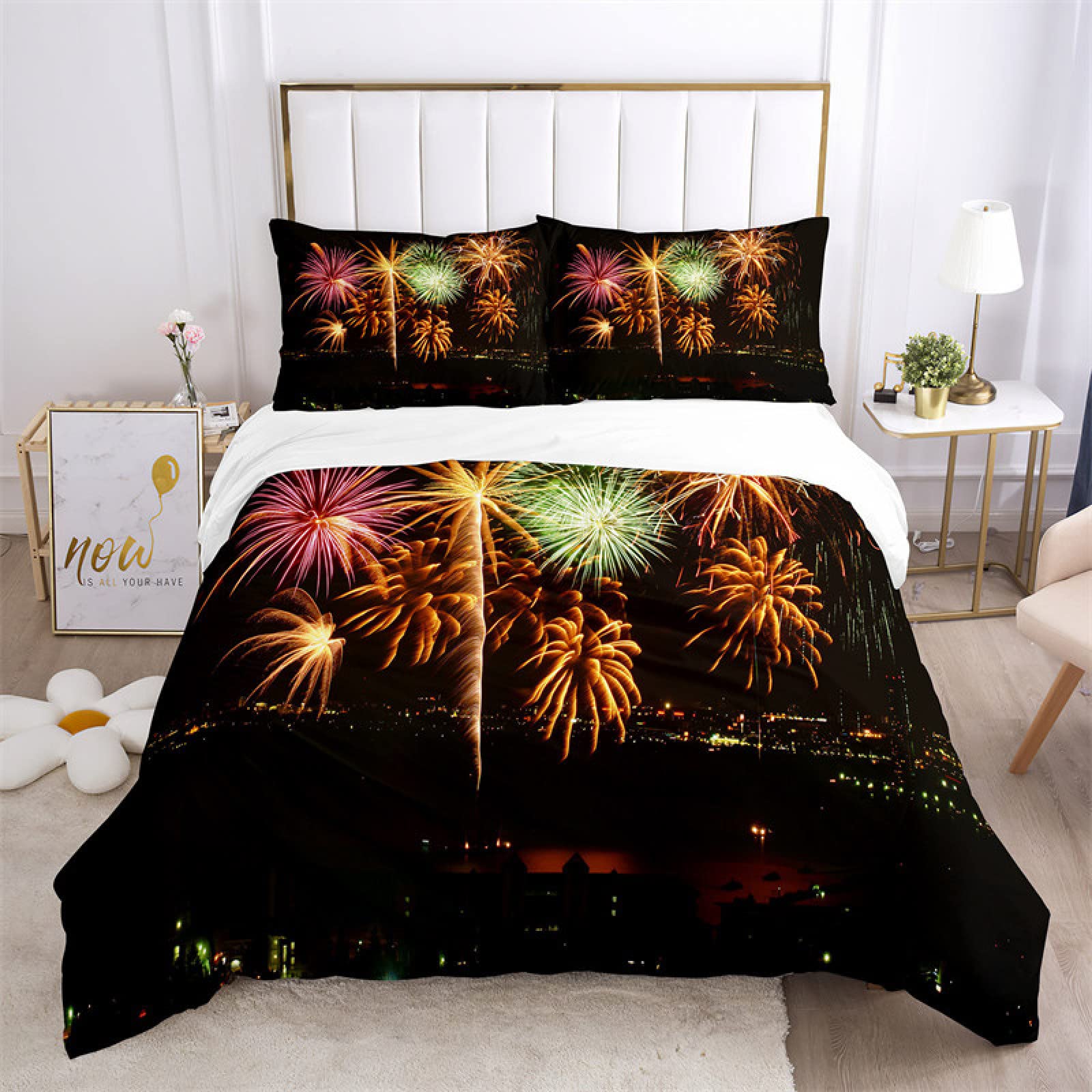 Luxury Queen Duvet Cover Set - 3 Piece Black Fireworks Design Microfiber Bedding for All Seasons, Includes 1 Duvet Cover & 2 Pillowcases (20x26 Inches) - Perfect for Master Bedroom, Guest Room & Cozy Home Decor