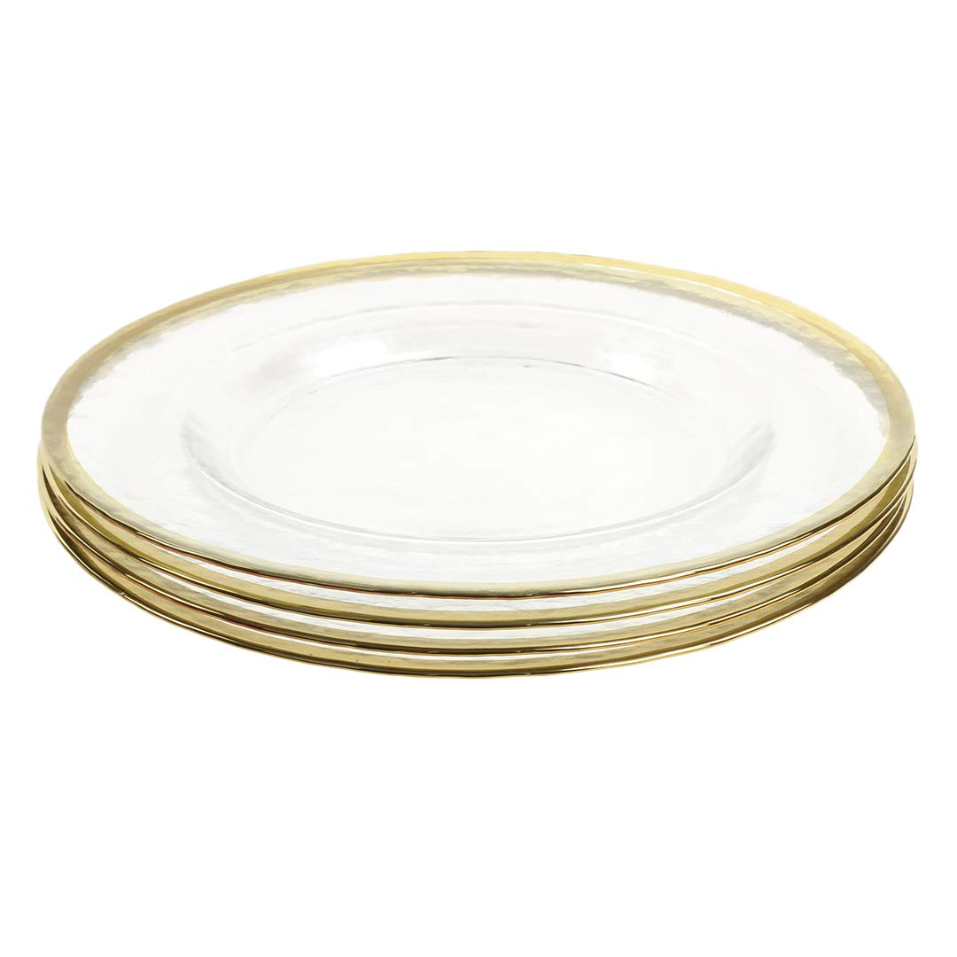 Koyal Wholesale Bulk Clear Glass Gold Rim Charger Plates - Set of 4 Elegant Hammered Glass Dinner Plates for Wedding, Party & Formal Dining Decor