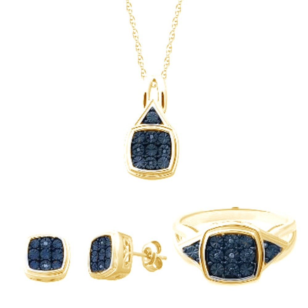 Exquisite Blue Natural Diamond Pendant Earring & Ring Set in 14K Gold Over Sterling Silver - Perfect for Weddings, Anniversaries & Special Occasions