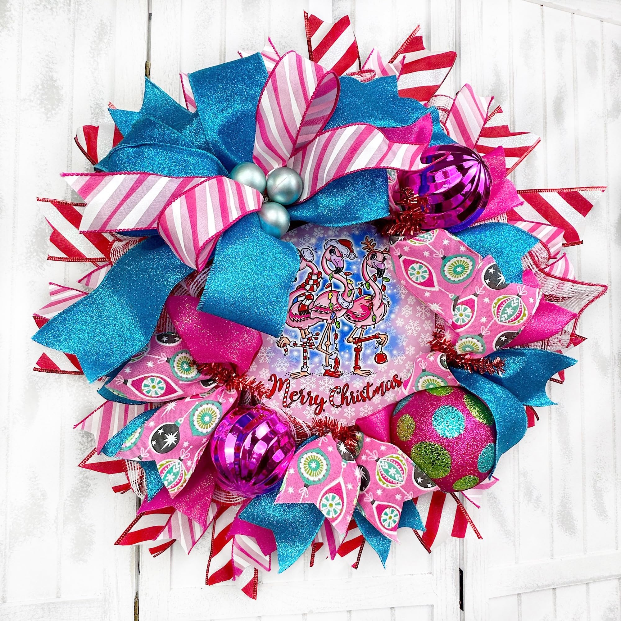 Handmade Coastal Flamingo Christmas Wreath with Ball Ornaments & Bow - Nautical Beach Holiday Door Hanger Decor for Front Door, Porch, and Wall - Perfect for Christmas, Beach House, and Coastal Theme Parties