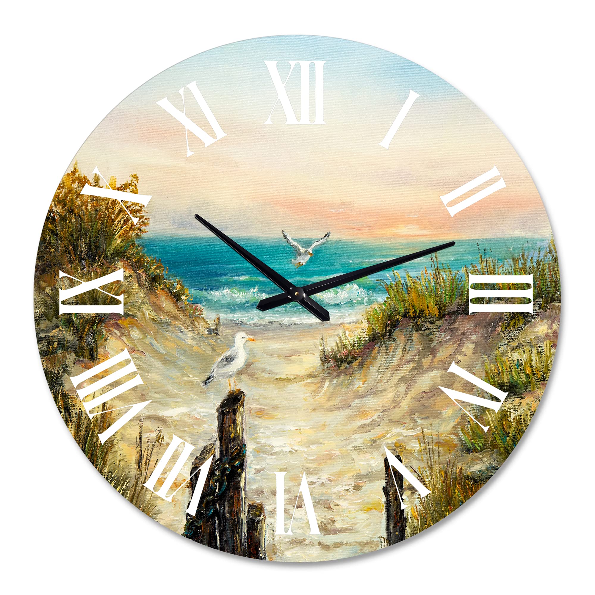 DesignQ Nautical Coastal Wall Clock - 'Ocean Dunes During Pink Sunset' Blue Round Clock for Living Room, Bedroom & Office Decor | Perfect for Beach House, Coastal Theme & Home Interior Design