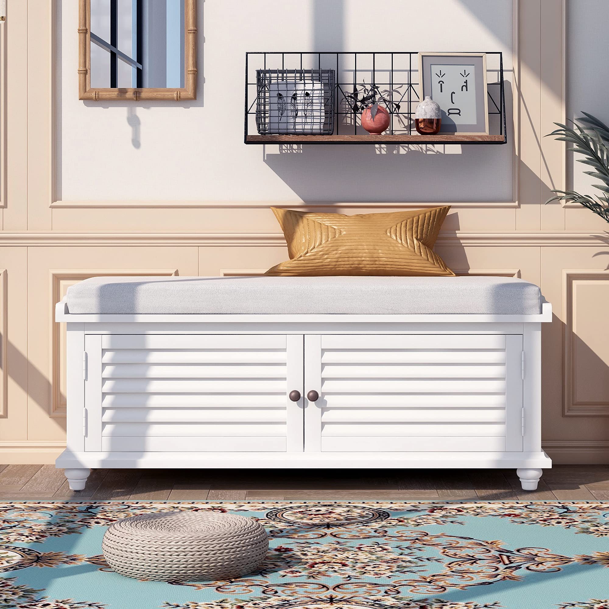 HomVent Storage Bench with 2 Doors & Removable Cushion - Entryway Shoe Bench for Hallway, Living Room, Bedroom - Supports 168 lbs - Perfect for Small Spaces, Entry Storage & Shoe Organization