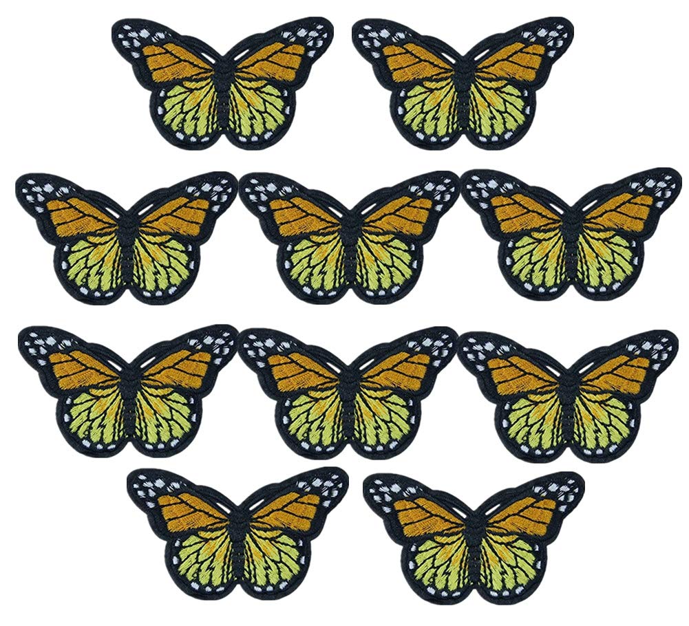 (10 Pack) Yellow Butterfly Embroidered Iron-On Applique Patches for DIY Clothing, Bags, Hats & Costume Design - Sew or Iron On Fabric Decorations