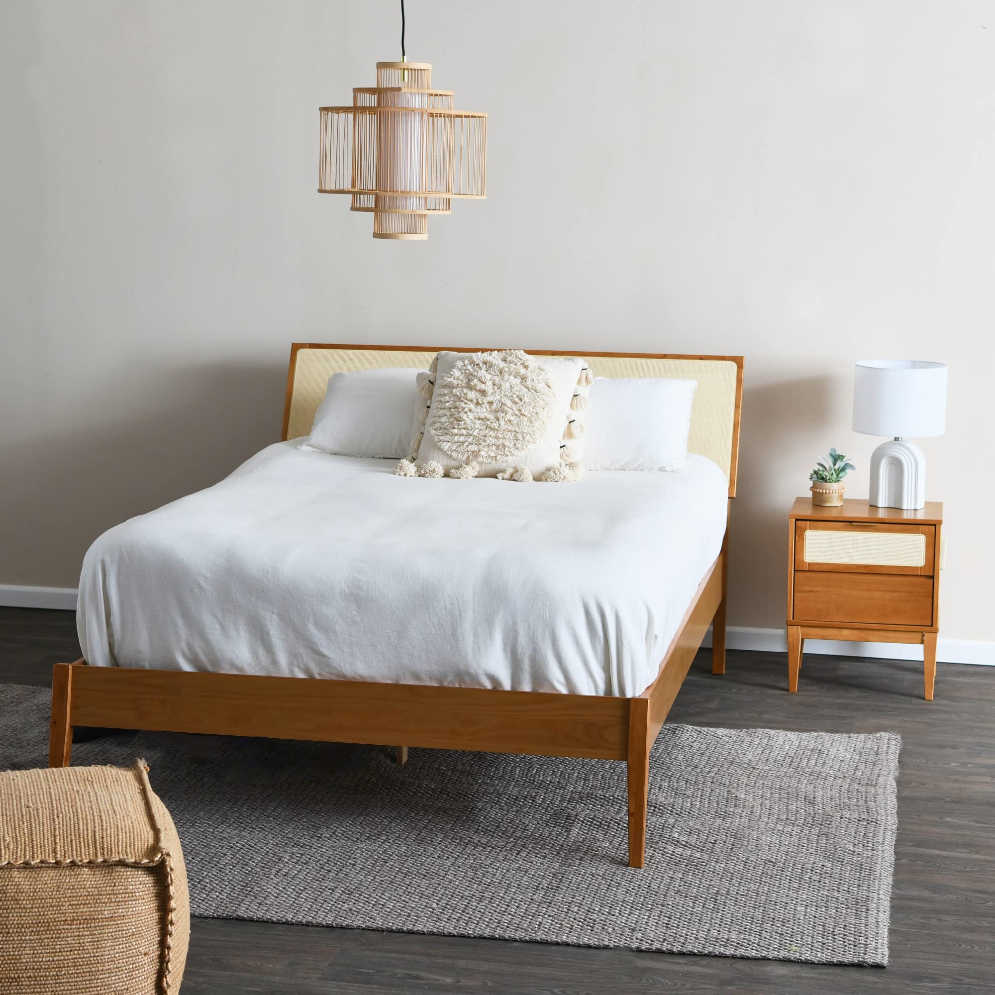 Creative Co-Op Crawford Solid Wood Nightstand with 2 Storage Drawers & Cane Detail - Light Brown Finish - Bedroom Furniture for Small Spaces, Modern Farmhouse Decor