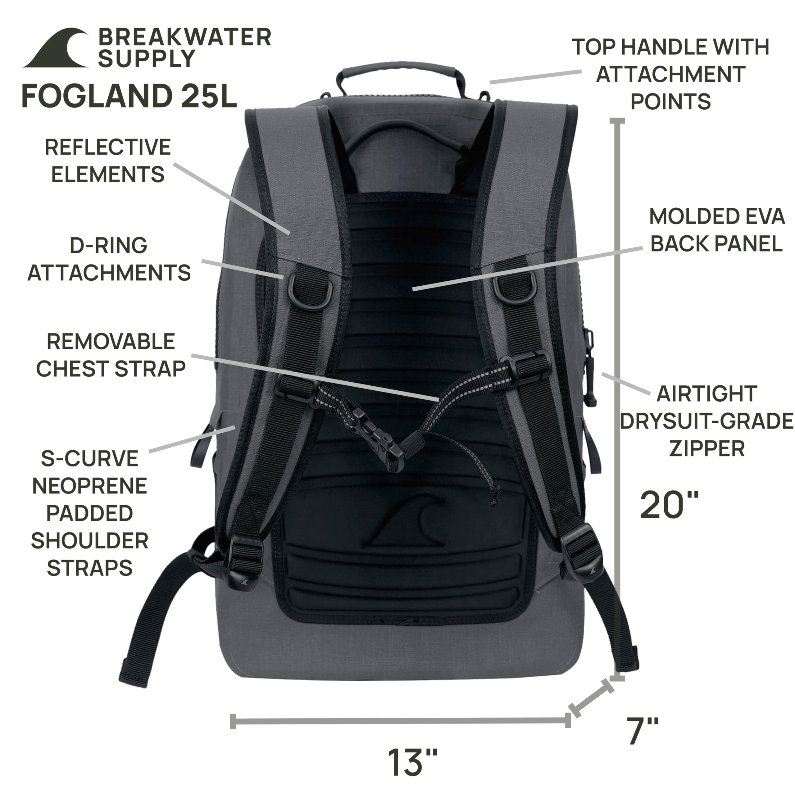 Waterproof Submersible Backpack 15L 20L 25L - Airtight Laptop Bag with Watertight Zippers for Travel, Hiking & Outdoor Adventures | Fogland Series by Breakwater Supply™