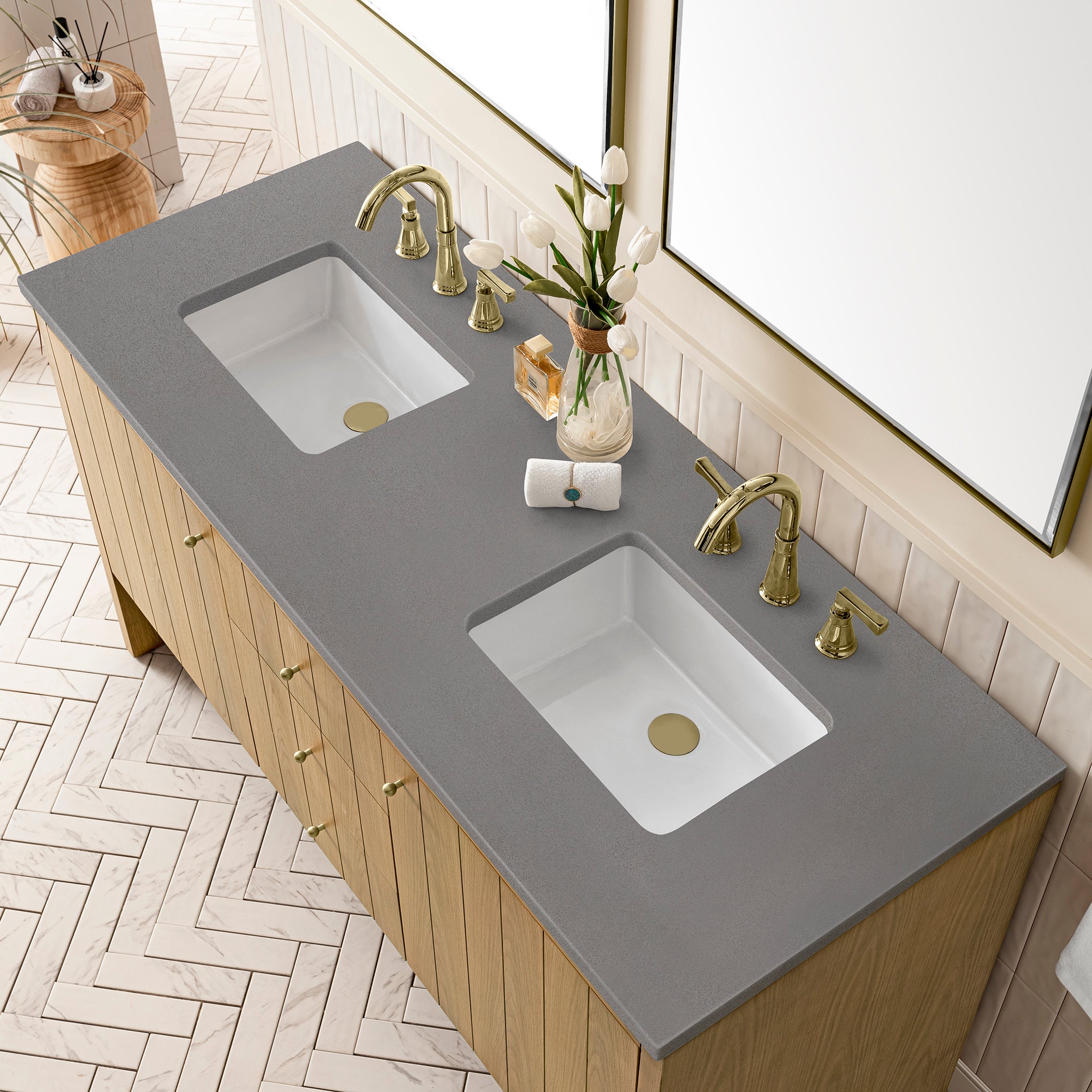 Hudson 60 Inch Double Bathroom Vanity with Light Natural Oak Finish & 3CM Grey Expo Top - Perfect for Master Bathroom Renovation and Modern Home Decor