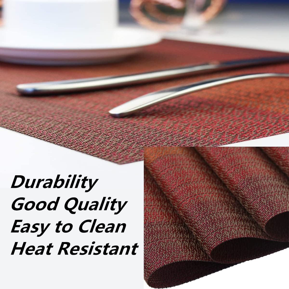 Washable PVC Table Placemats Set - 6 Woven Vinyl Dining Mats + 1 Table Runner in Wine Red | Waterproof & Durable for Everyday Meals, Dinner Parties & Holiday Decor