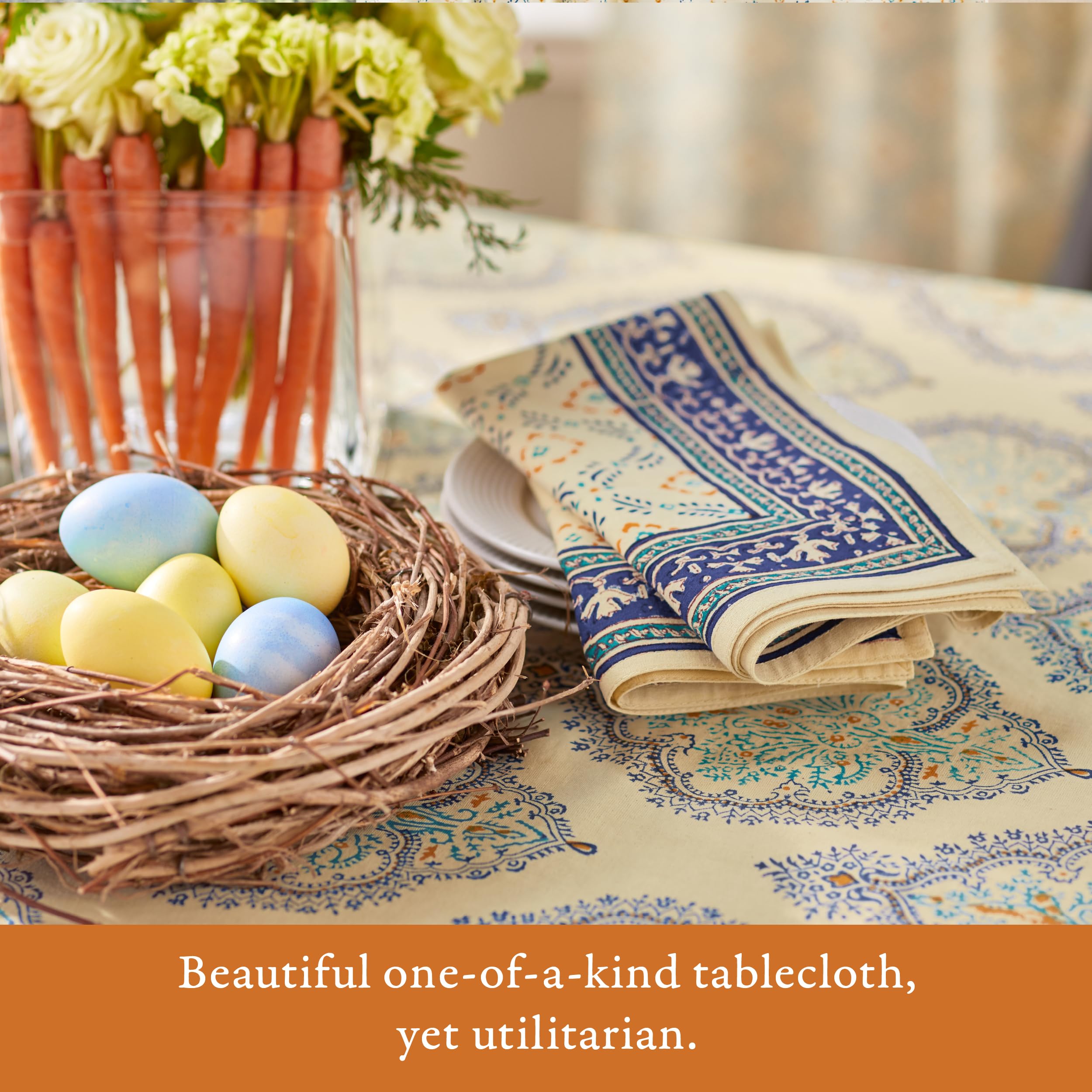 Hand Block Printed Round Tablecloth - 100% Cotton Luxurious Washable Pale Yellow Morning Dew Design for Home Decor, Kitchen, Coffee & Dining Table (90 Inch) - Perfect for Dinner Parties, Brunch Gatherings & Everyday Elegance