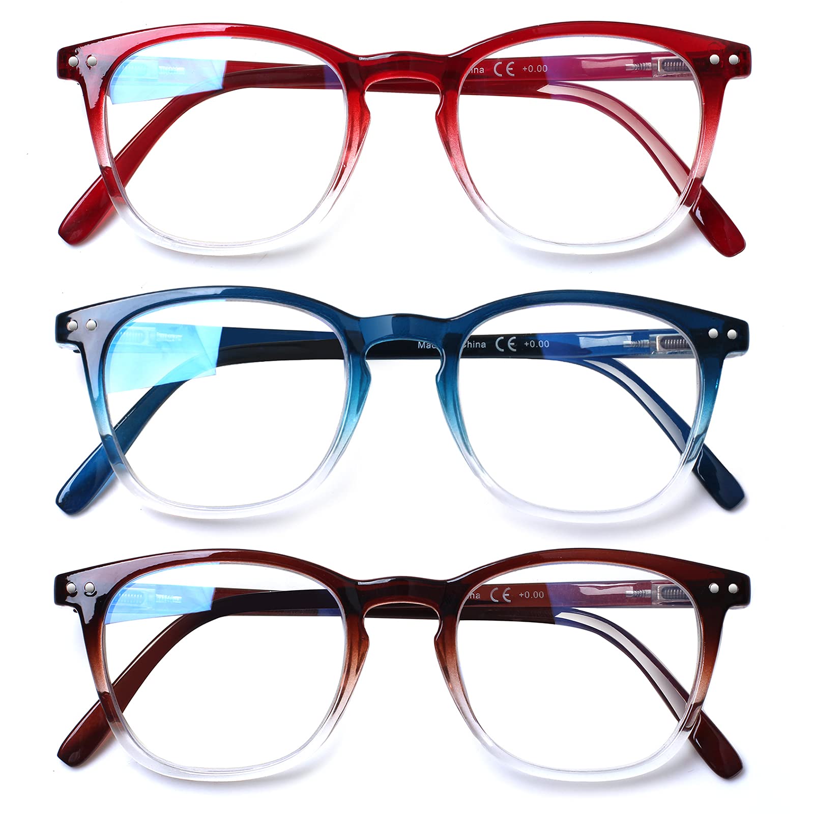 Henotin 3-Pack Blue Light Blocking Reading Glasses with Spring Hinge - Anti UV Computer Glasses for Men & Women (Multicolor, +0.75) - Reduce Eye Strain for Office Work, Gaming & Screen Time