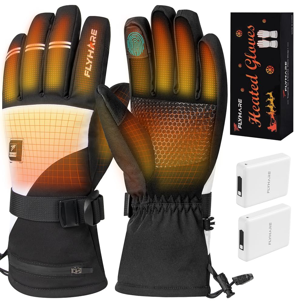 Flyhare Heated Gloves - Rechargeable Electric Winter Gloves for Men & Women, Windproof Waterproof Touchscreen Compatible, 5V USB Heating with 3 Temperature Settings - Perfect for Skiing, Snowboarding & Cold Weather Outdoor Activities