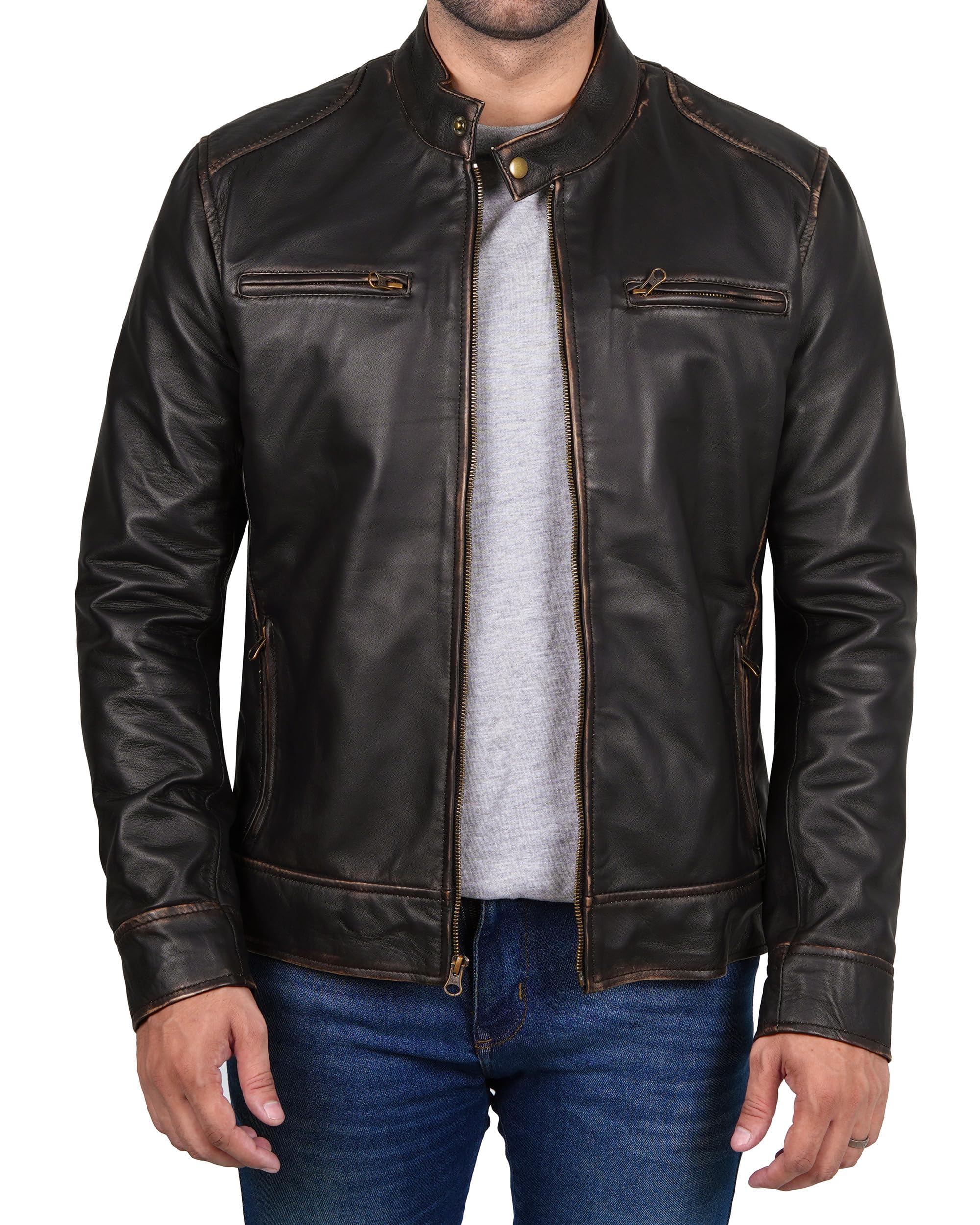 Decrum Men's Real Lambskin Leather Jacket - Classic Cafe Racer Style Motorcycle Jacket for Bikers & Fashion | Perfect for Riding, Casual Wear & Night Out