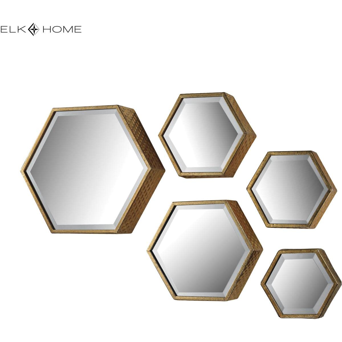 Elk Home Hexagonal Mirrors Set of 5 - Soft Gold Wall Decor for Living Room, Bedroom & Bathroom | Modern Geometric Mirror Tiles for Home Decor