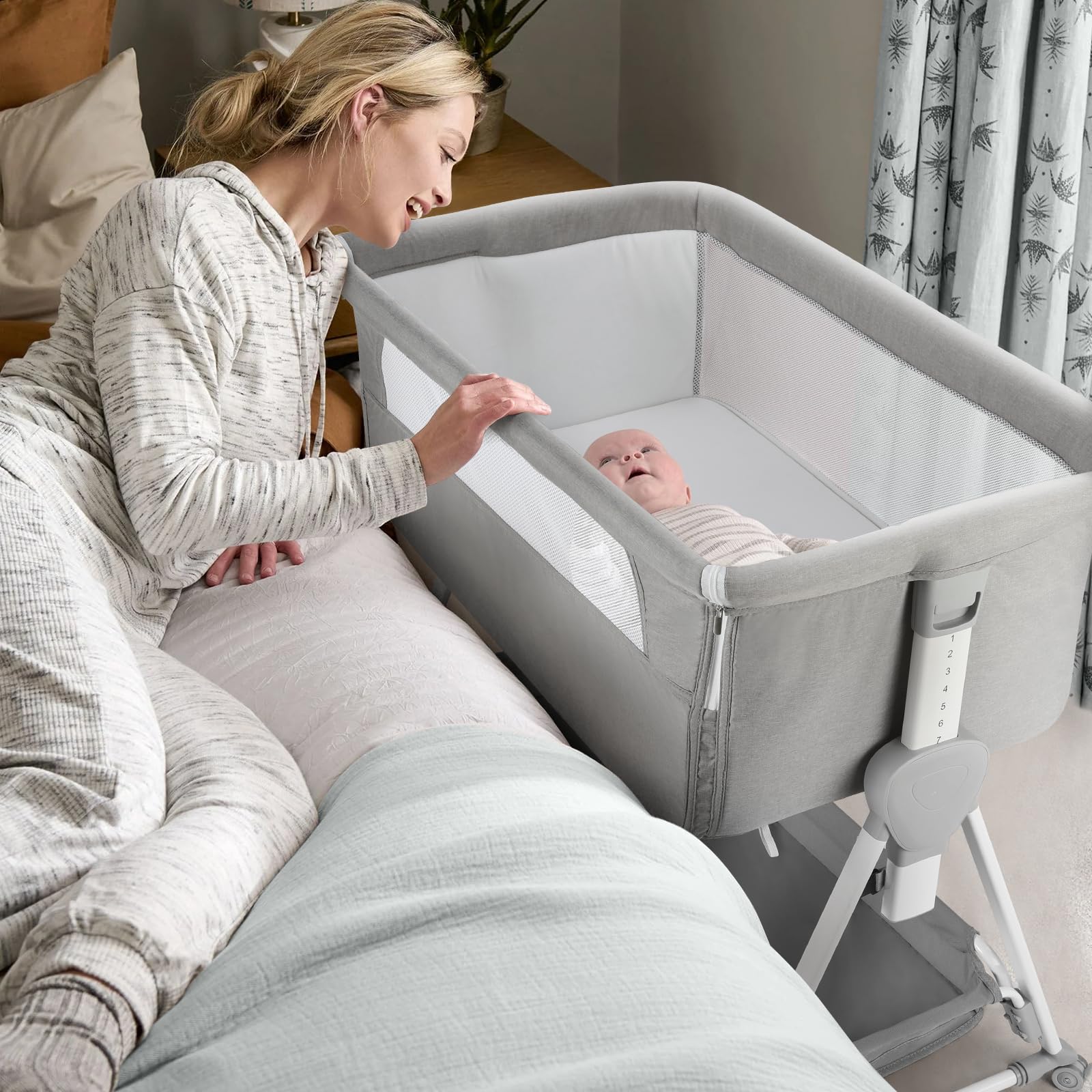 Cowiewie Adjustable Baby Bassinet Bedside Sleeper - 7 Height Levels, Breathable Mesh Sides & Mattress, XL Storage, Foldable Design (Grey/White) - Perfect for Newborns, Nursery Room & Co-Sleeping Safety