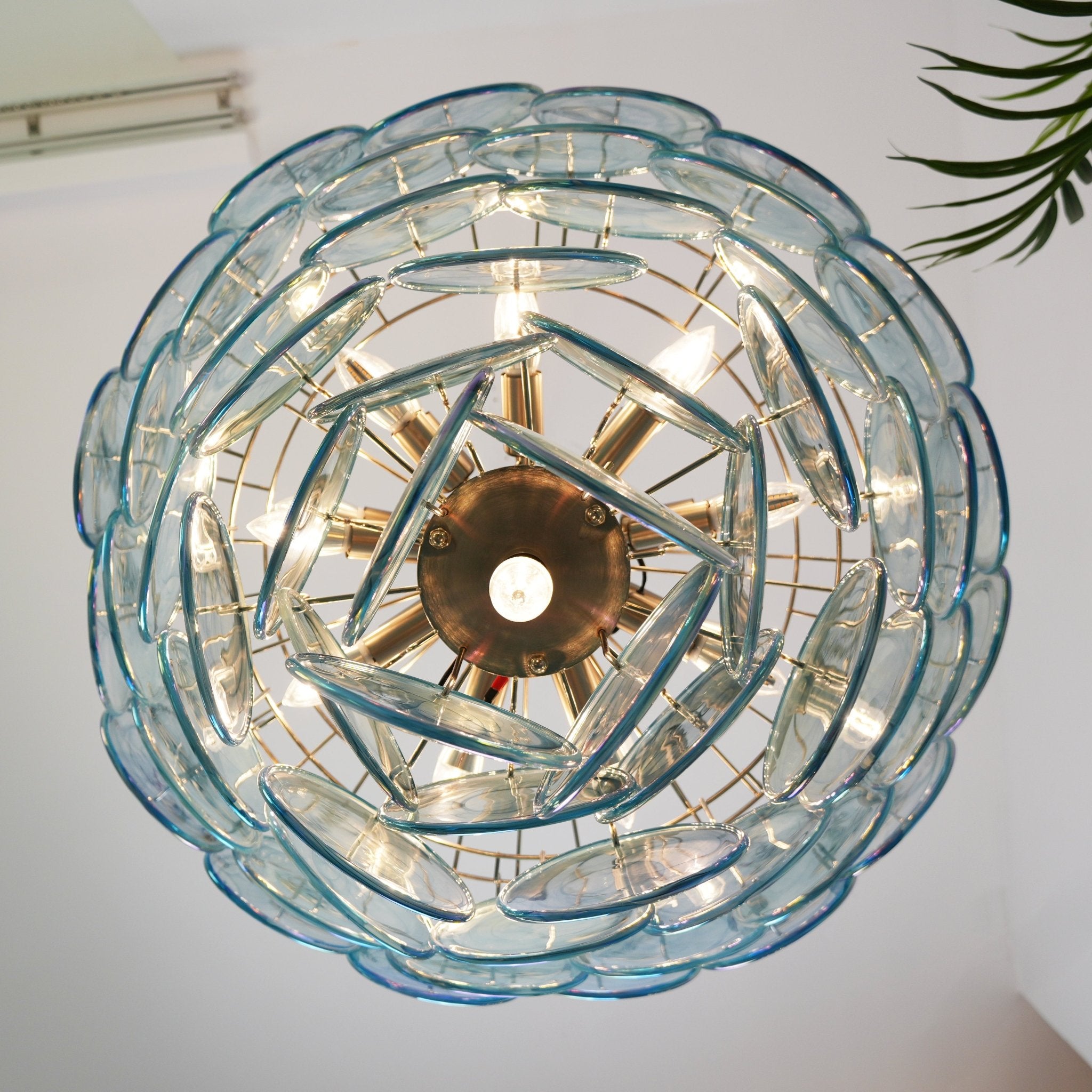Elegant Blue Murano Glass Disc Chandelier - Handcrafted Italian Lighting Fixture for Dining Room, Living Room & Bedroom Decor