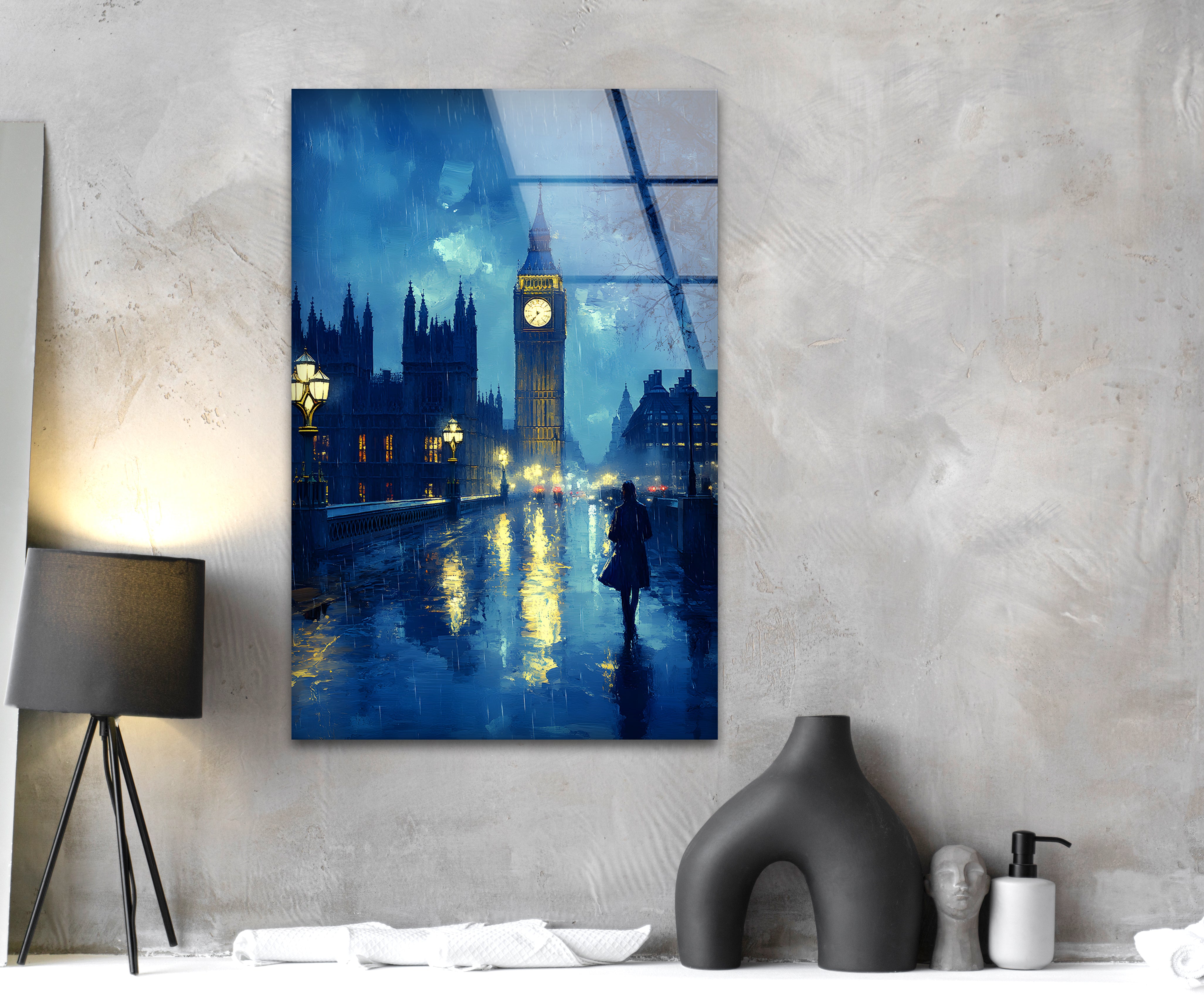 London Rainy Night Glass Wall Art - Elegant Home Decor for Living Room, Bedroom & Office - Perfect Gift for Art Lovers