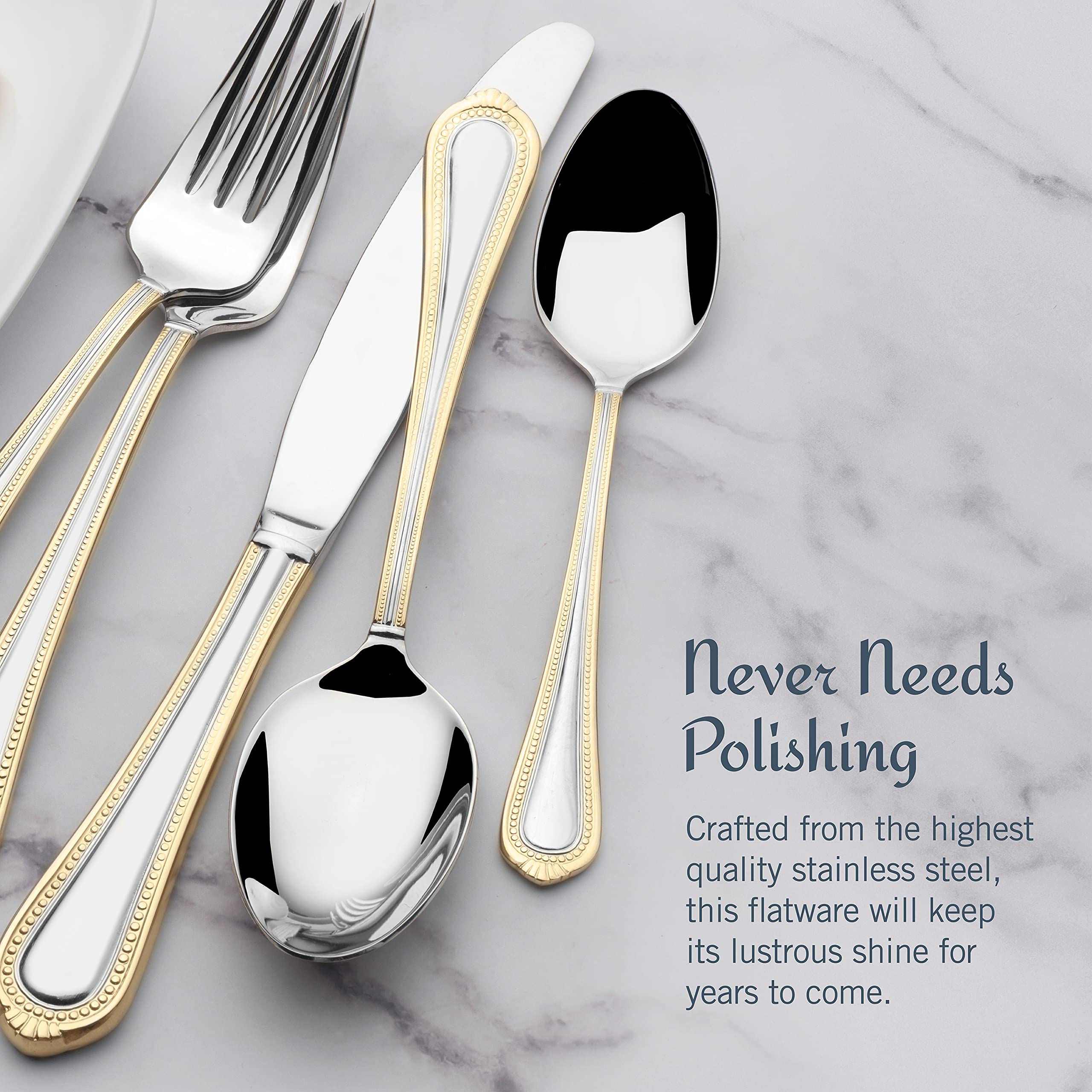Mikasa 65-Piece 18/10 Stainless Steel Flatware Set with Gold Accent - Service for 12 Includes Serving Utensils - Elegant Dinnerware for Formal Dining, Weddings & Special Occasions