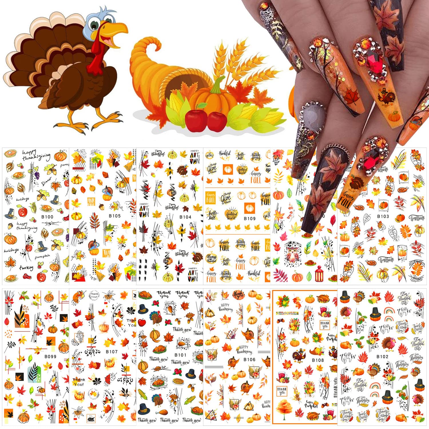 12 Sheets 3D Fall Nail Art Stickers - Autumn Leaves, Maple Leaf & Pumpkin Thanksgiving Nail Decals for Women | DIY Manicure Decorations for Halloween, Thanksgiving Parties & Seasonal Nail Designs