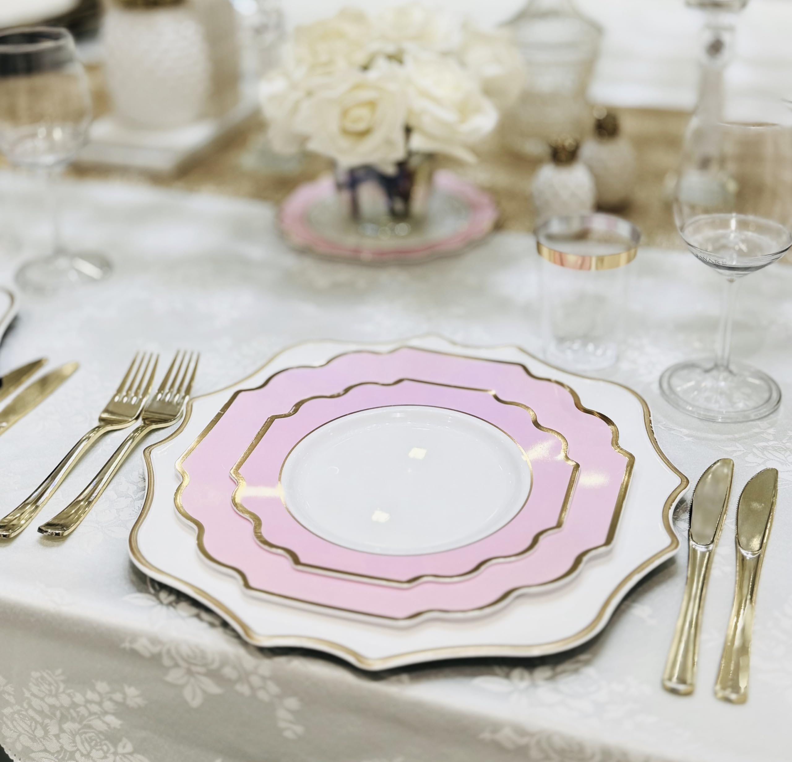 240-Pack Heavyweight Disposable Plastic Plates - 8'' Appetizer & Dessert Plates for Weddings, Parties & Events | Elegant White, Light Pink & Gold Imperial Design | Perfect for Catering, Birthday Celebrations & Formal Dinners