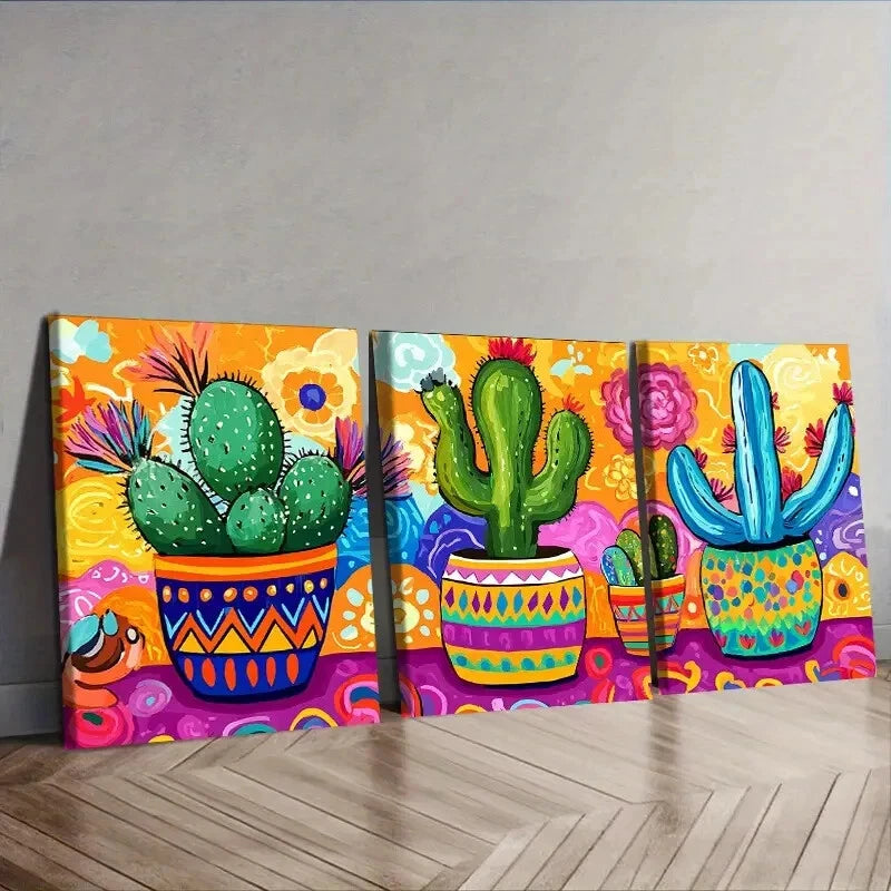 3pcs Cactus Wall Art Set - Colorful Flower Pots Canvas Framed 40x60cm - High Quality Print - 100% Australian Made - Ready to Hang - Perfect for Living Room, Bedroom & Office Decor