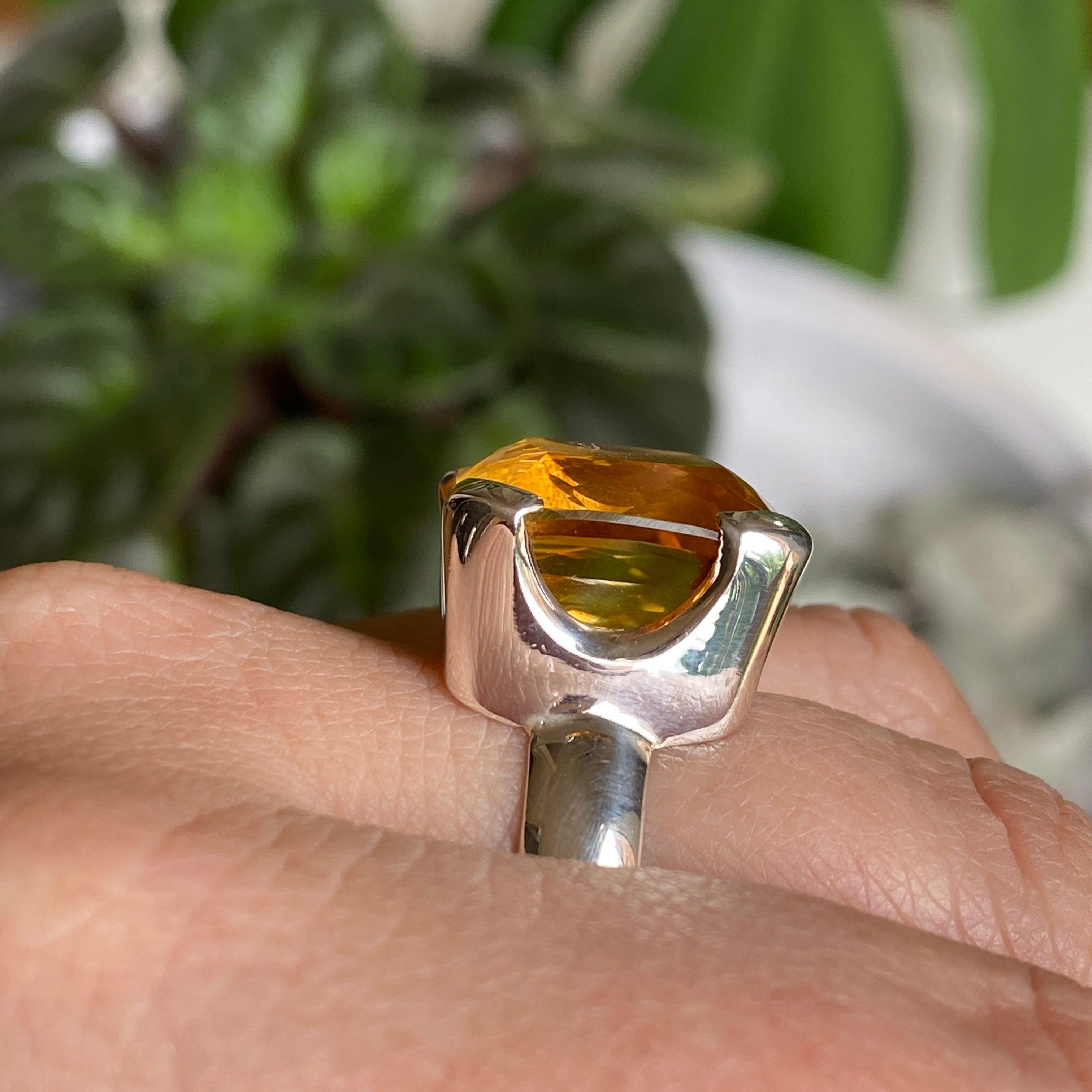 Natural Citrine Gemstone Rectangular Faceted Ring - Size 8, KRGJ2150 - Elegant Jewelry for Women, Perfect for Weddings, Parties & Everyday Wear