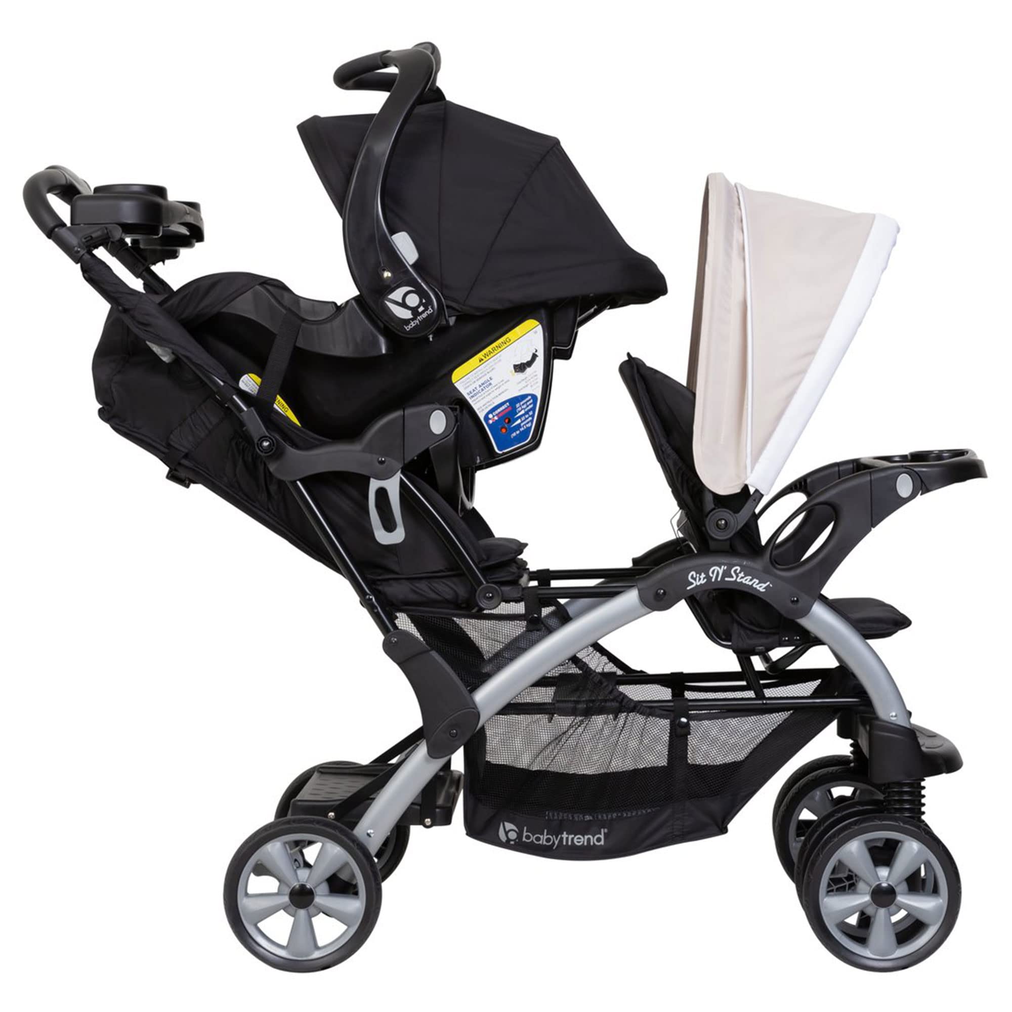 Baby Trend Double Sit N' Stand Stroller for Infant & Toddler - Lightweight Travel Stroller with 5-Point Harness & Storage Basket (Khaki) | Perfect for Twins, Siblings or Daycare Use