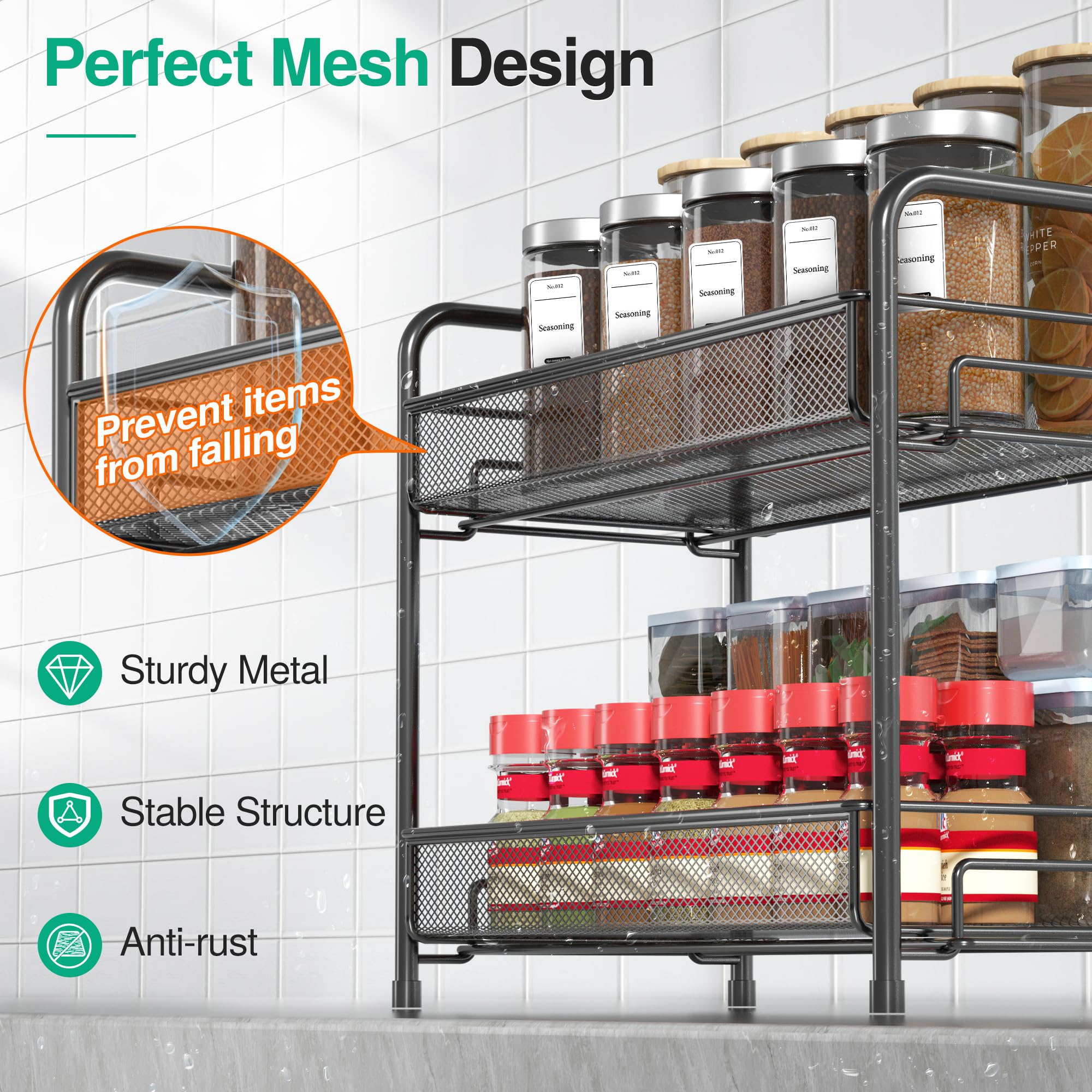 Xpatee 2-Tier Foldable Metal Spice Rack Organizer - Rust-Proof Countertop Spice Shelf with Guardrail & Mesh Design for Kitchen, Pantry, Bathroom - Space Saving Storage Solution for Spices, Seasonings & Small Items (Black)
